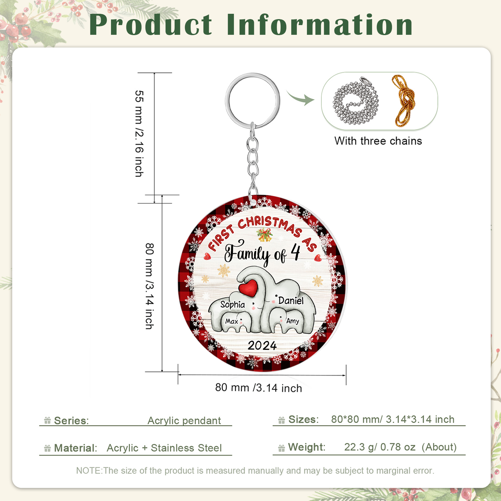 Personalized Christmas Ornaments - Customized 2-6 names & 1 date Elephant Family Acrylic Ornaments First Christmas Gift for Family | Jessmade