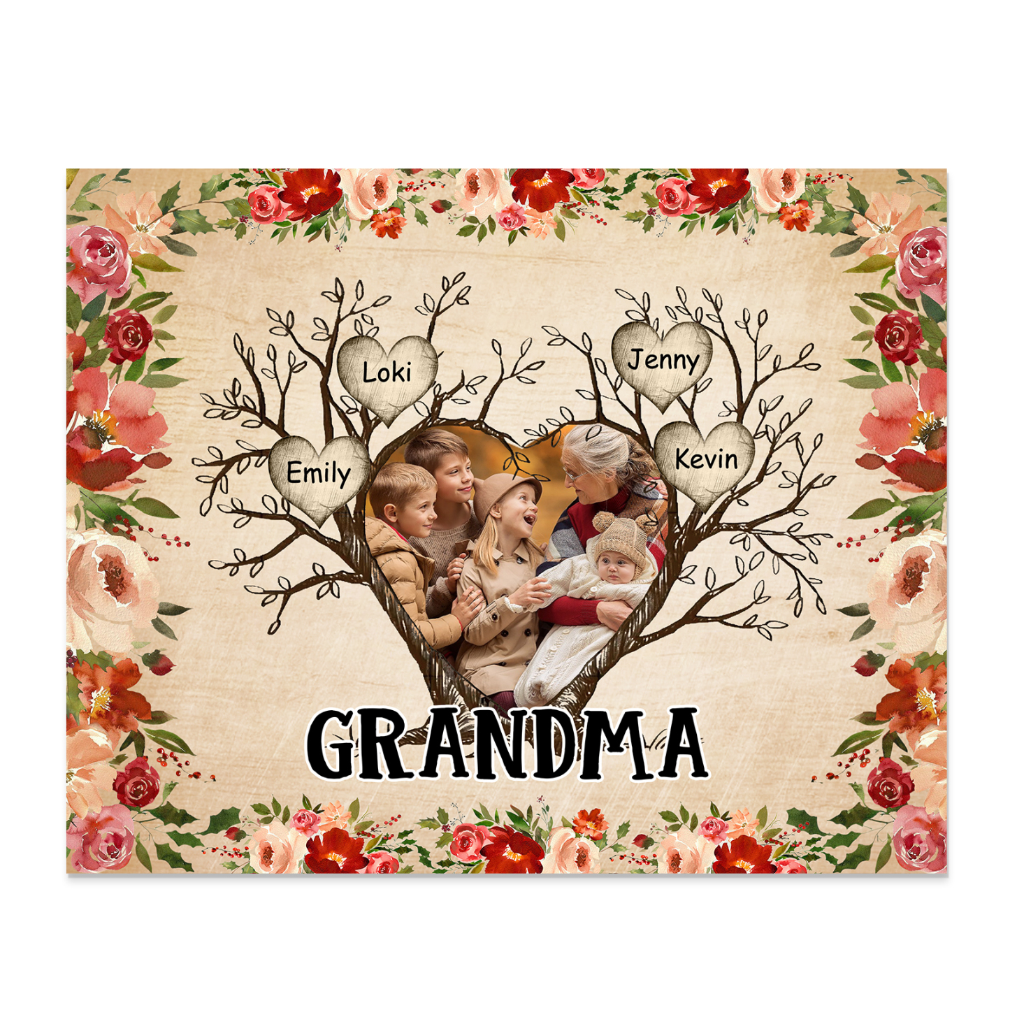 Personalised Family Tree Photo Frame - Custom 4 Names & Text Frame for Grandparents | Jessmade