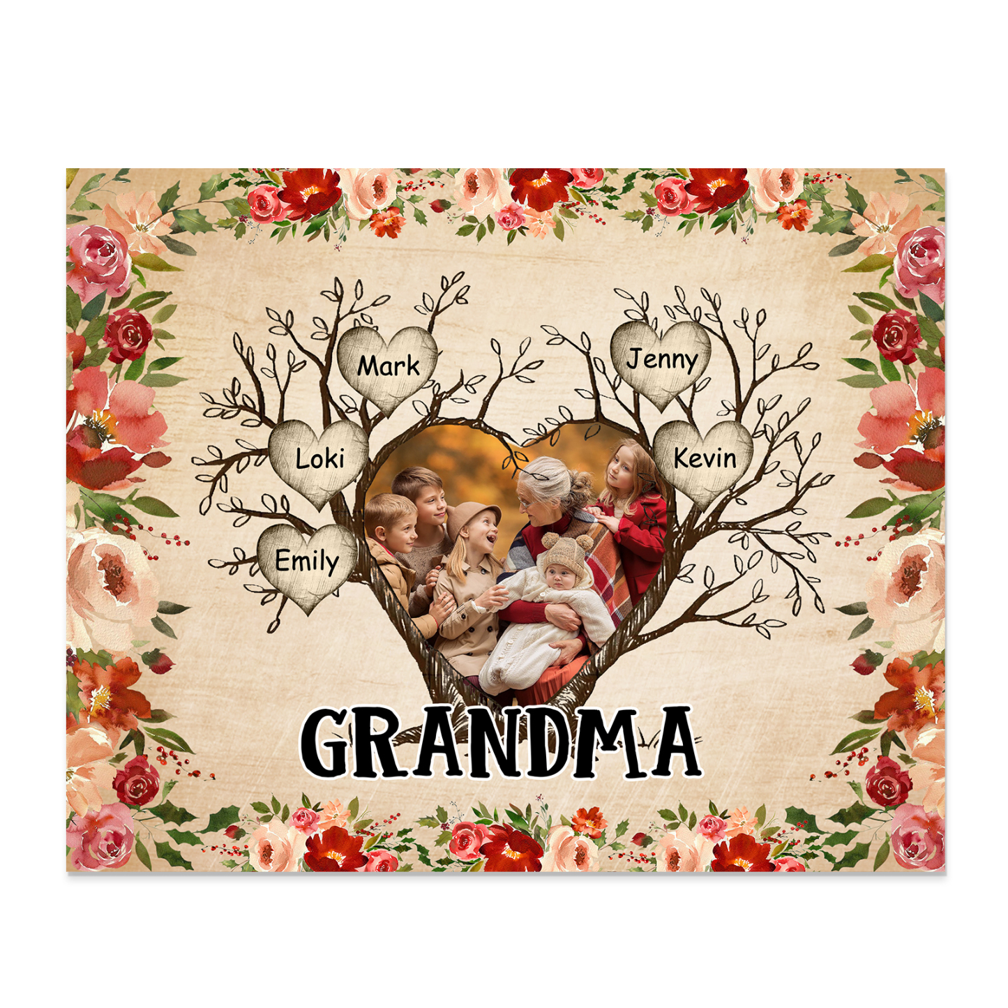 Personalised Family Tree Photo Frame - Custom 5 Names & Text Frame for Grandparents | Jessmade