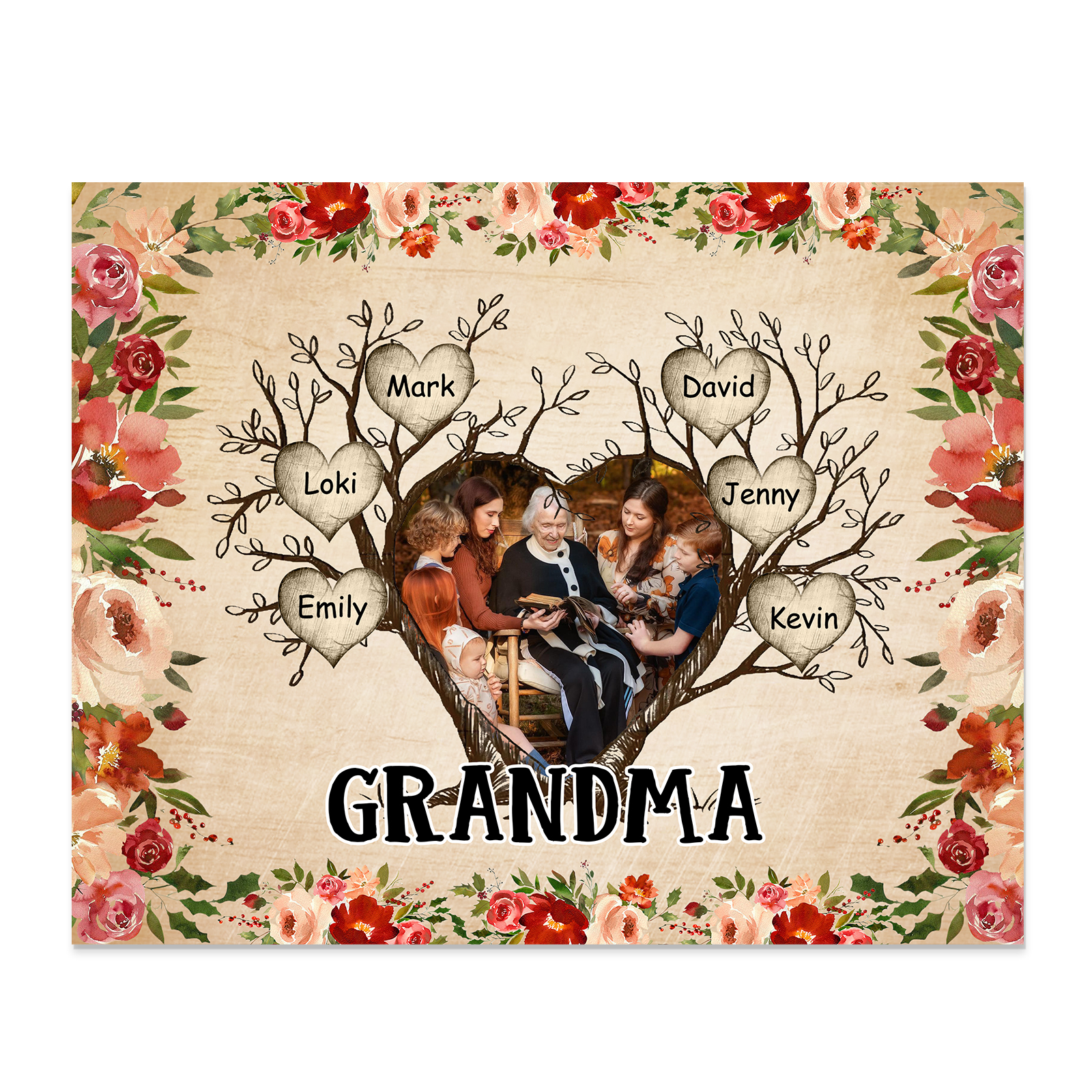 Personalised Family Tree Photo Frame - Custom 6 Names & Text Frame for Grandparents | Jessmade
