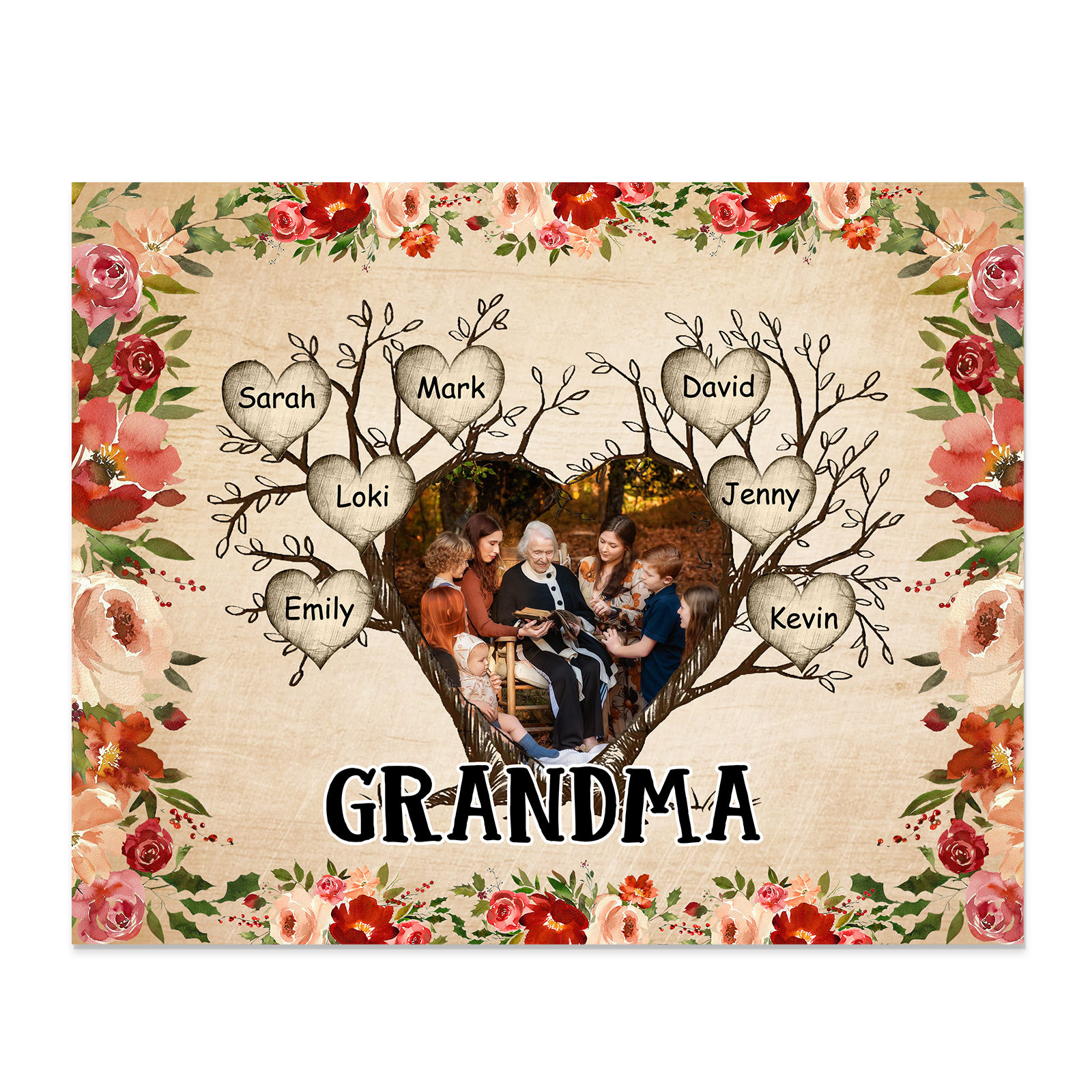 Personalised Family Tree Photo Frame - Custom 7 Names & Text Frame for Grandparents | Jessmade