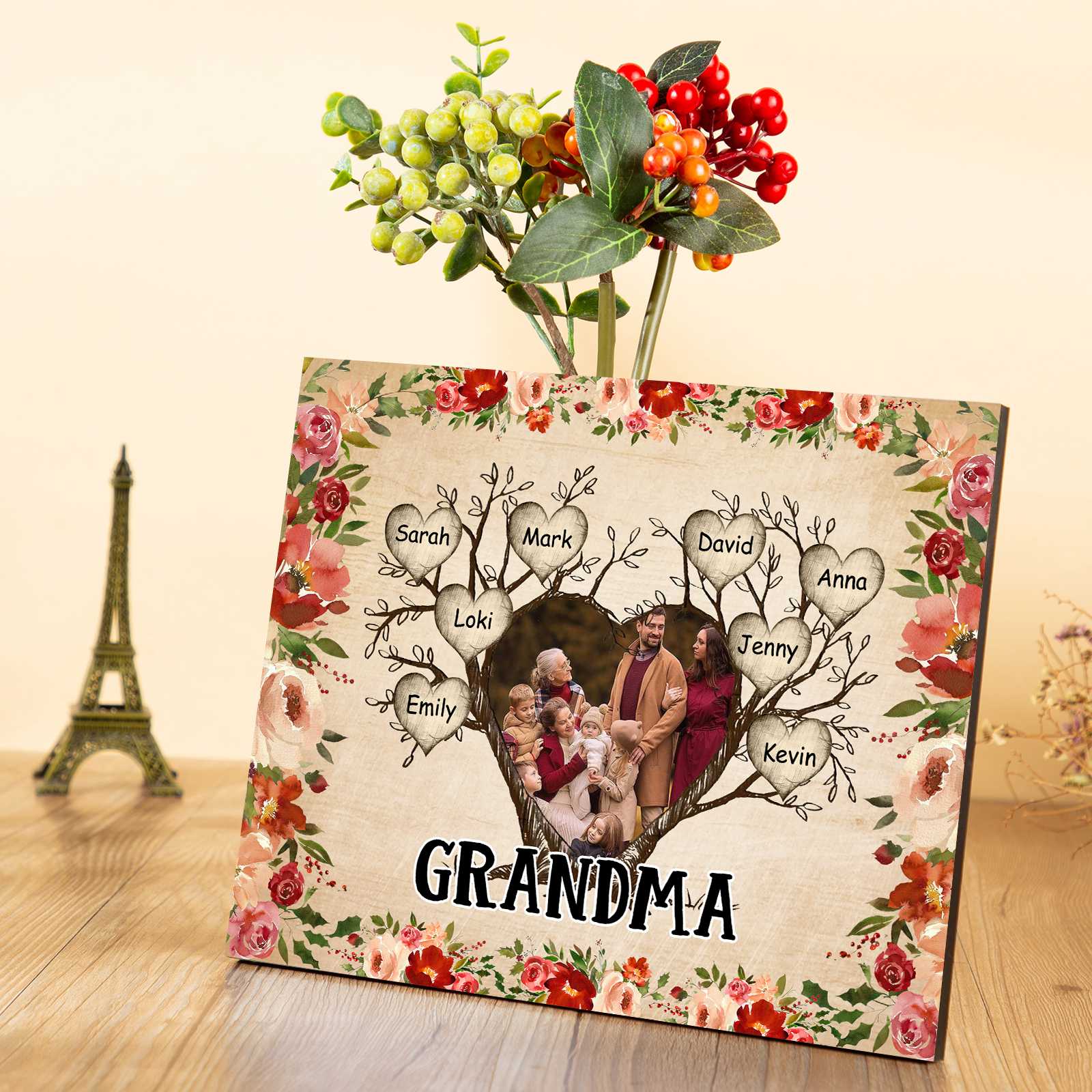 Personalised Family Tree Photo Frame - Custom 8 Names & Text Frame for Grandparents | Jessmade