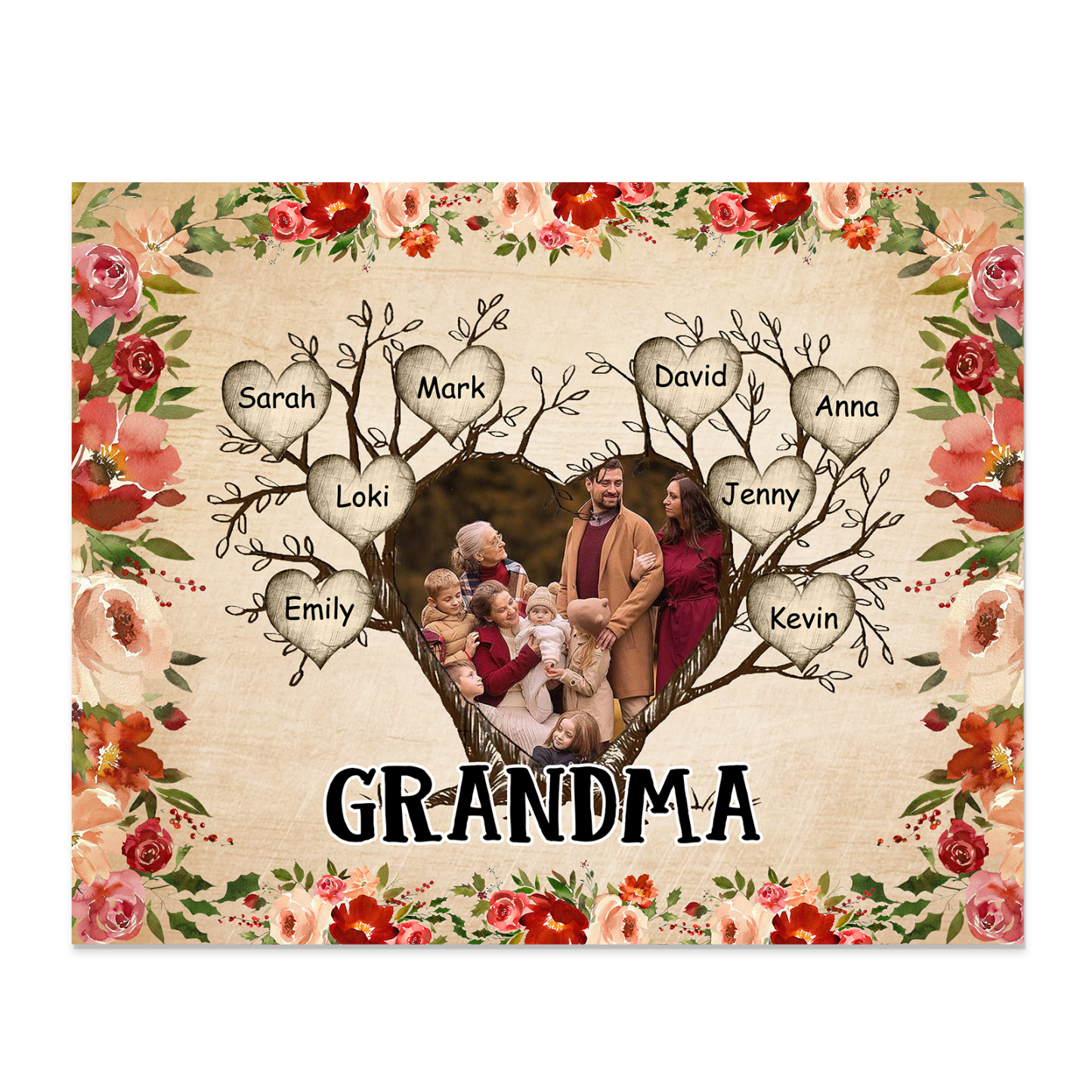 Personalised Family Tree Photo Frame - Custom 8 Names & Text Frame for Grandparents | Jessmade