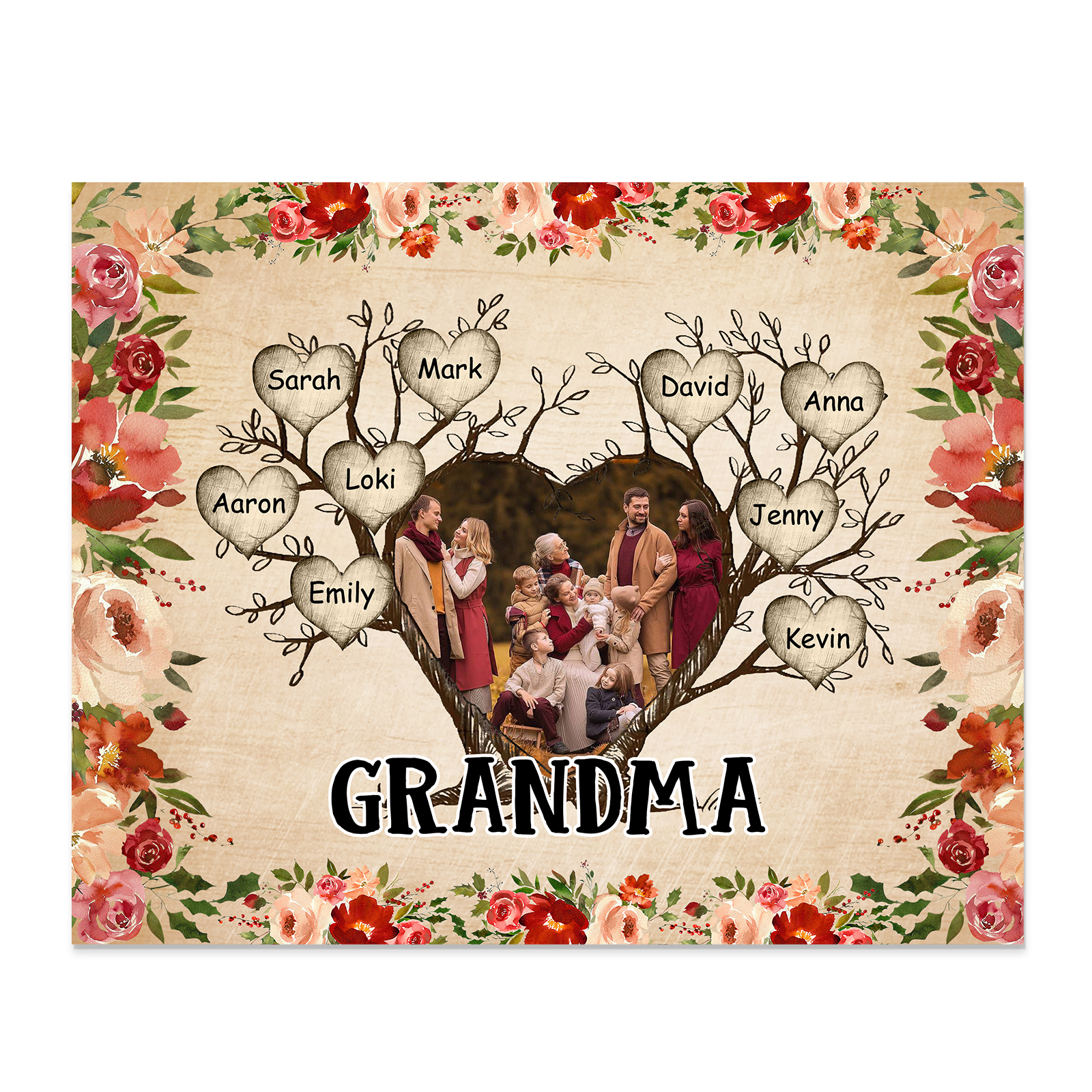 Personalised Family Tree Photo Frame - Custom 9 Names & Text Frame for Grandparents | Jessmade