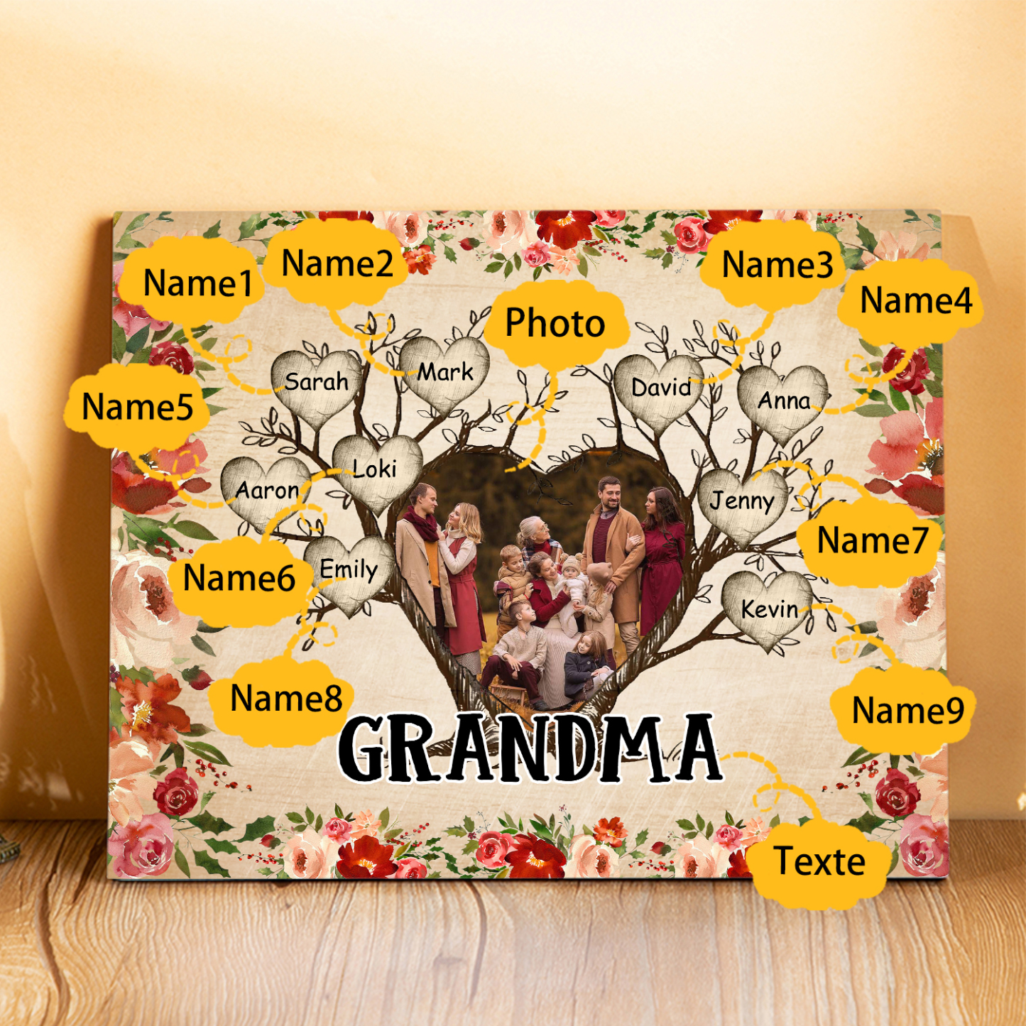 Personalised Family Tree Photo Frame - Custom 9 Names & Text Frame for Grandparents | Jessmade