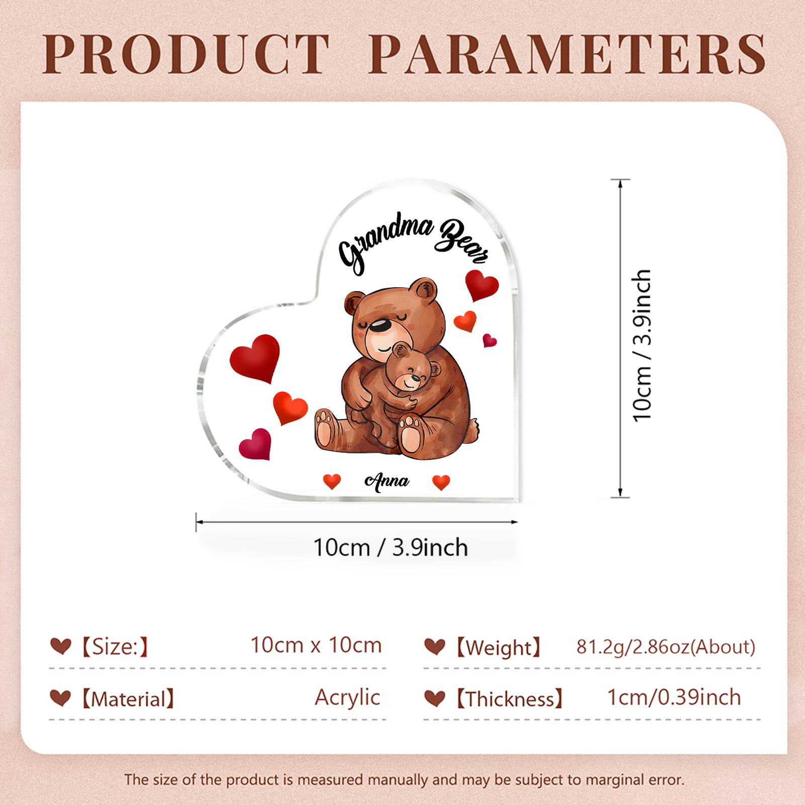 Personalised Heart-Shaped Acrylic Plaque with Bear Design - Customizable with 1 Name and Text For Nan | Jessmade