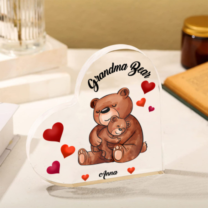 Personalised Heart-Shaped Acrylic Plaque with Bear Design - Customizable with 1 Name and Text For Nan | Jessmade