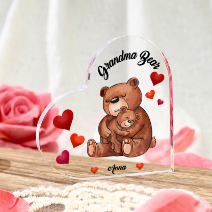 Personalised Heart-Shaped Acrylic Plaque with Bear Design - Customizable with 1 Name and Text For Nan | Jessmade