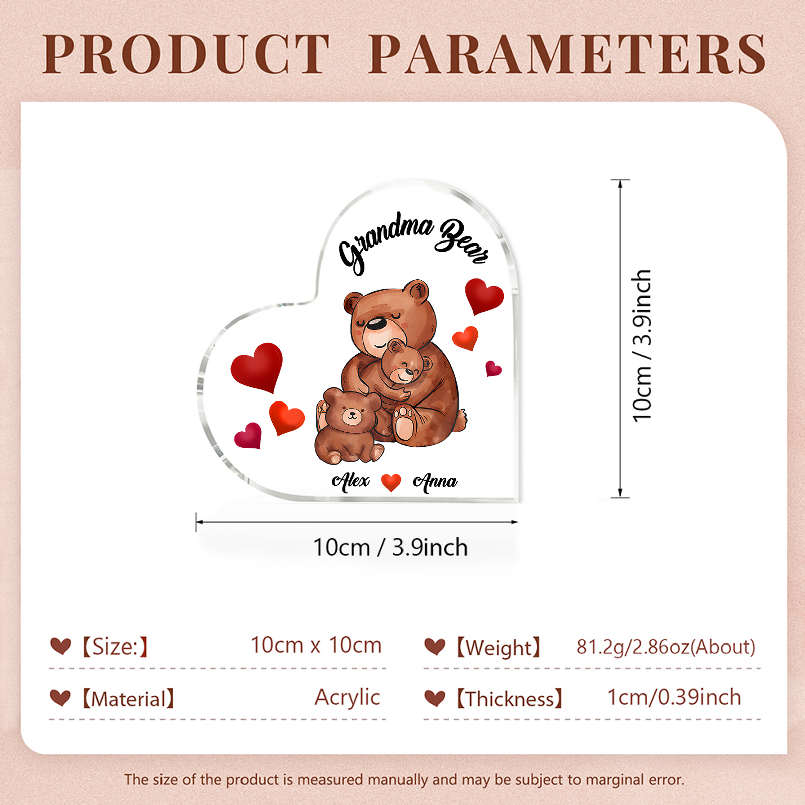 Personalised Heart-Shaped Acrylic Plaque Customizable with 2 Names and Text with Bear Design -  For Nan | Jessmade