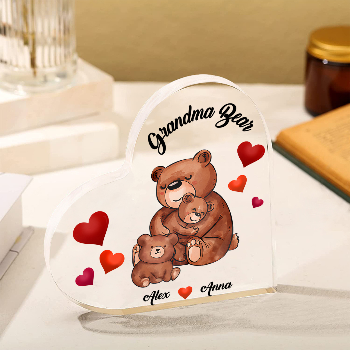 Personalised Heart-Shaped Acrylic Plaque Customizable with 2 Names and Text with Bear Design -  For Nan | Jessmade
