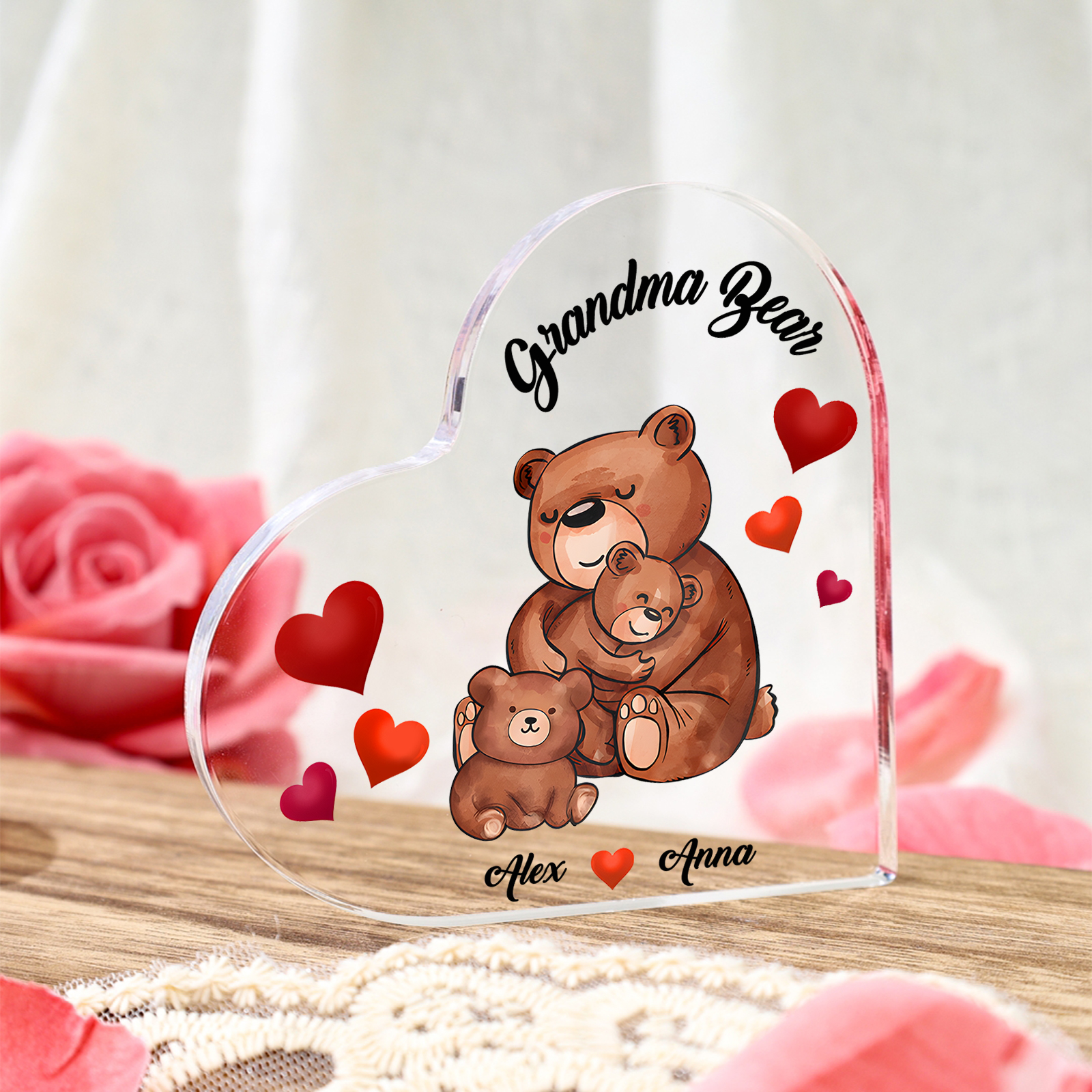 Personalised Heart-Shaped Acrylic Plaque Customizable with 2 Names and Text with Bear Design -  For Nan | Jessmade