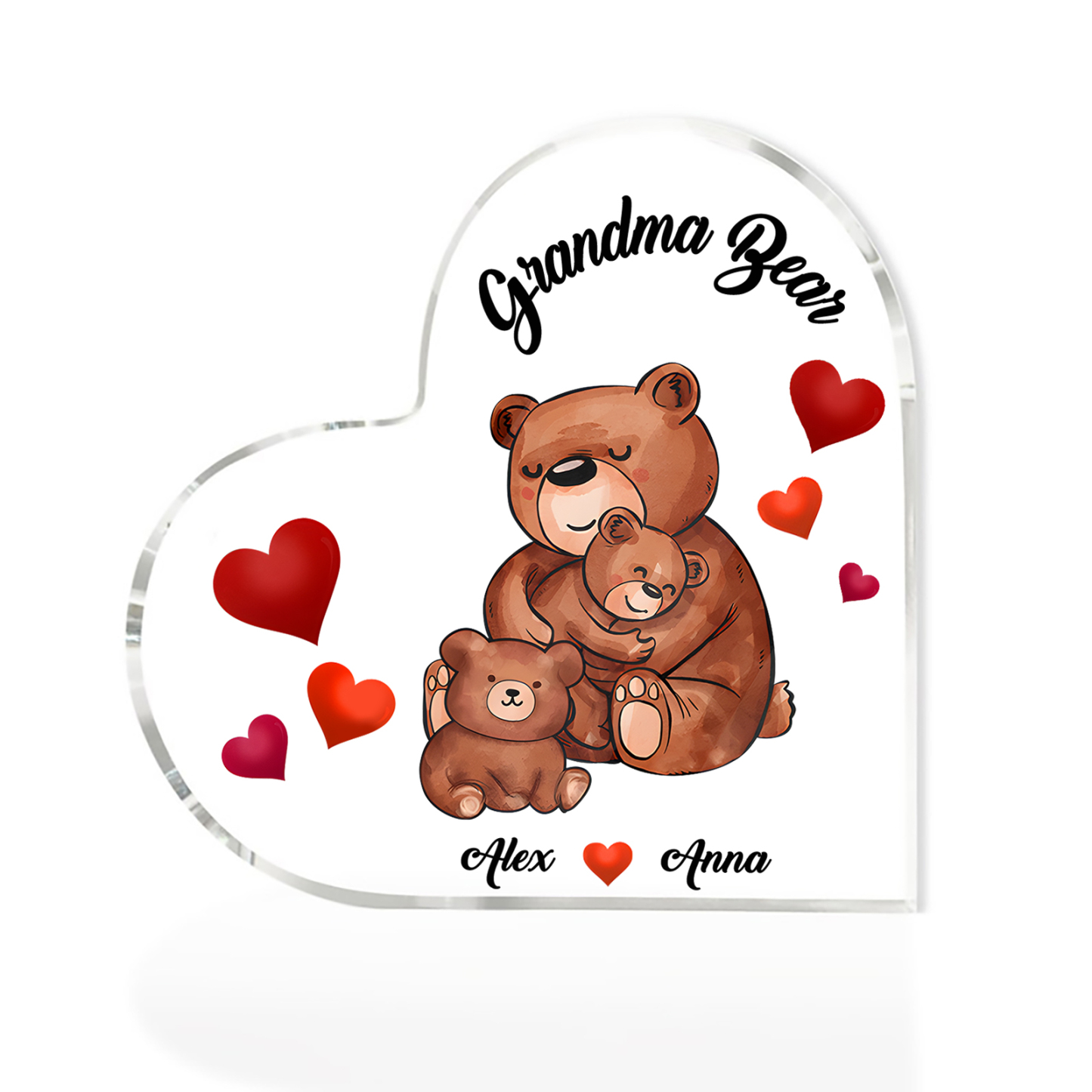 Personalised Heart-Shaped Acrylic Plaque Customizable with 2 Names and Text with Bear Design -  For Nan | Jessmade