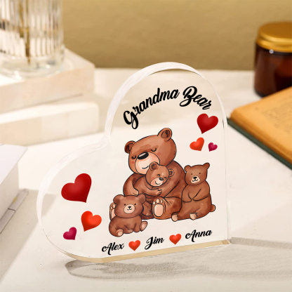 Personalised Heart-Shaped Acrylic Plaque Customizable with 3 Names and Text with Bear Design -  For Nan | Jessmade