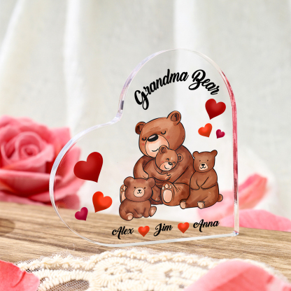 Personalised Heart-Shaped Acrylic Plaque Customizable with 3 Names and Text with Bear Design -  For Nan | Jessmade