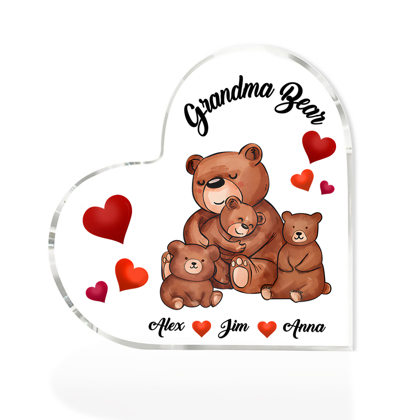 Personalised Heart-Shaped Acrylic Plaque Customizable with 3 Names and Text with Bear Design -  For Nan | Jessmade