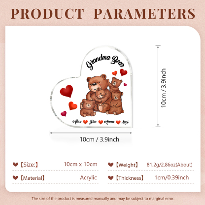 Personalised Heart-Shaped Acrylic Plaque Customizable with 4 Names and Text with Bear Design -  For Nan | Jessmade