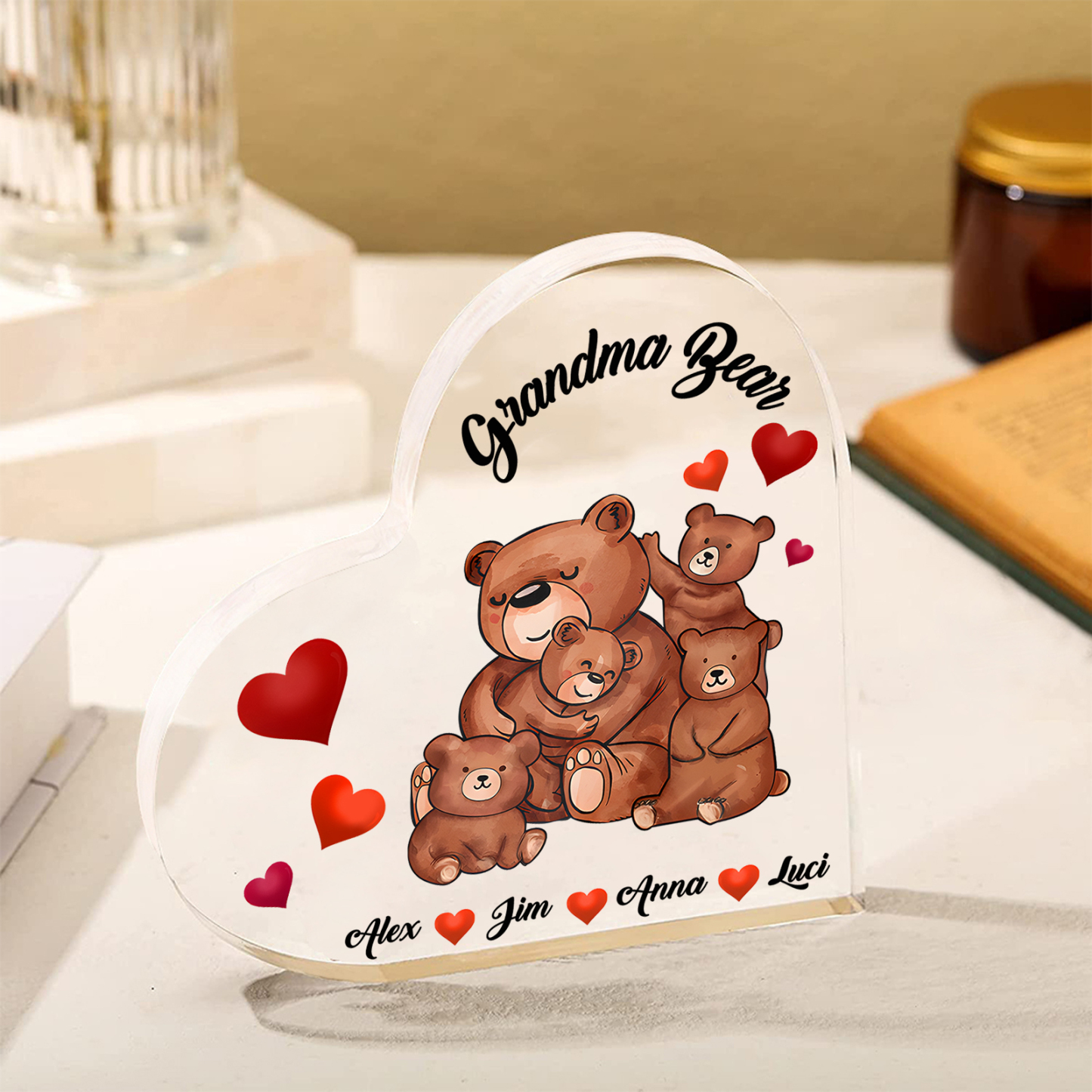 Personalised Heart-Shaped Acrylic Plaque Customizable with 4 Names and Text with Bear Design -  For Nan | Jessmade