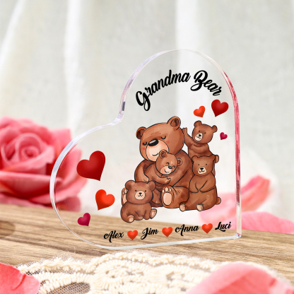 Personalised Heart-Shaped Acrylic Plaque Customizable with 4 Names and Text with Bear Design -  For Nan | Jessmade
