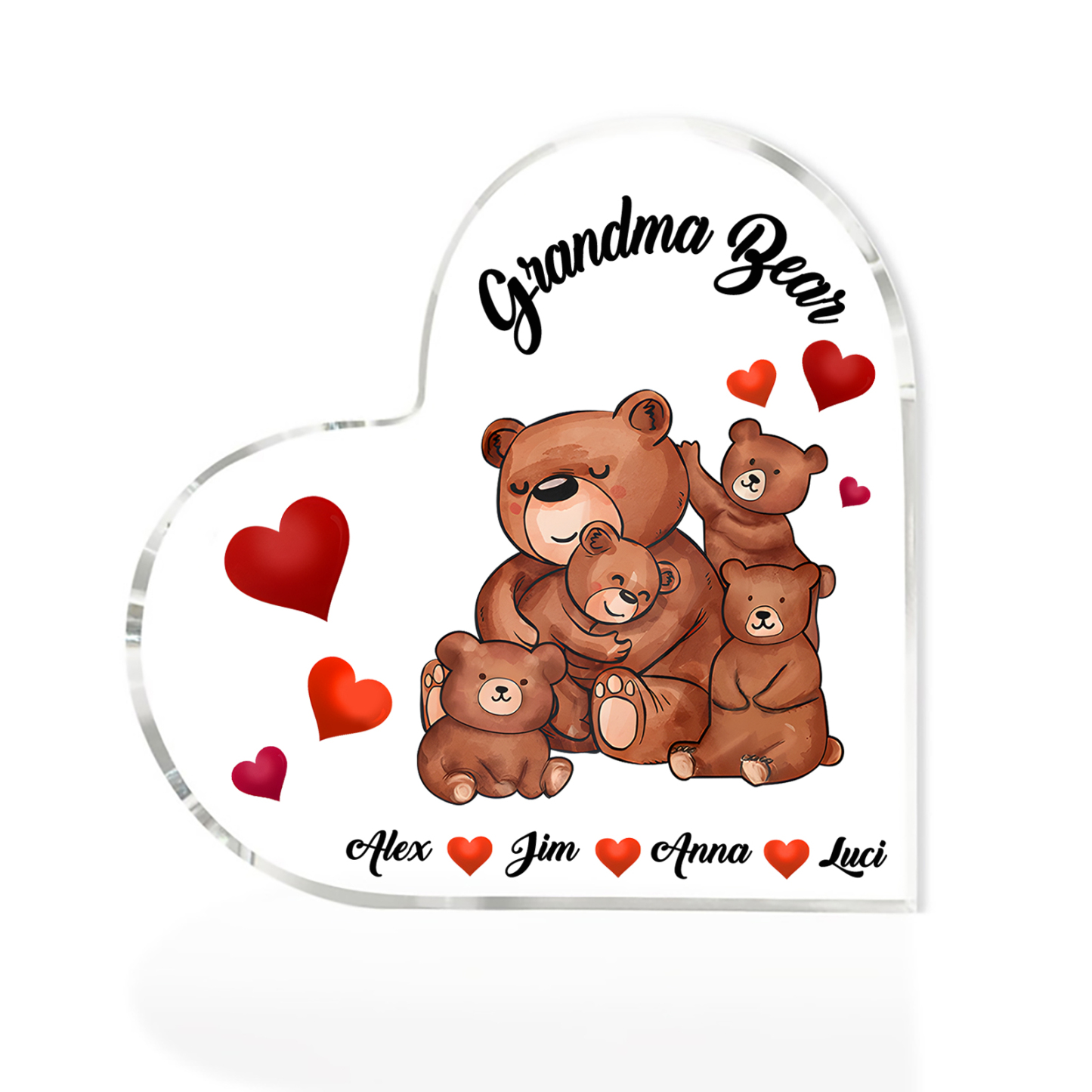 Personalised Heart-Shaped Acrylic Plaque Customizable with 4 Names and Text with Bear Design -  For Nan | Jessmade