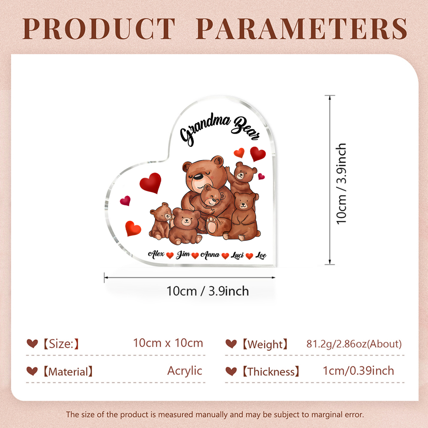 Personalised Heart-Shaped Acrylic Plaque Customizable with 5 Names and Text with Bear Design -  For Nan | Jessmade