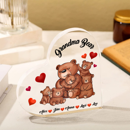 Personalised Heart-Shaped Acrylic Plaque Customizable with 5 Names and Text with Bear Design -  For Nan | Jessmade
