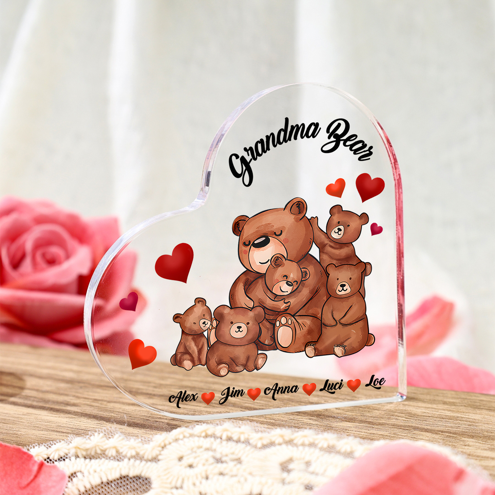 Personalised Heart-Shaped Acrylic Plaque Customizable with 5 Names and Text with Bear Design -  For Nan | Jessmade
