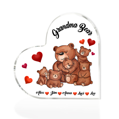 Personalised Heart-Shaped Acrylic Plaque Customizable with 5 Names and Text with Bear Design -  For Nan | Jessmade