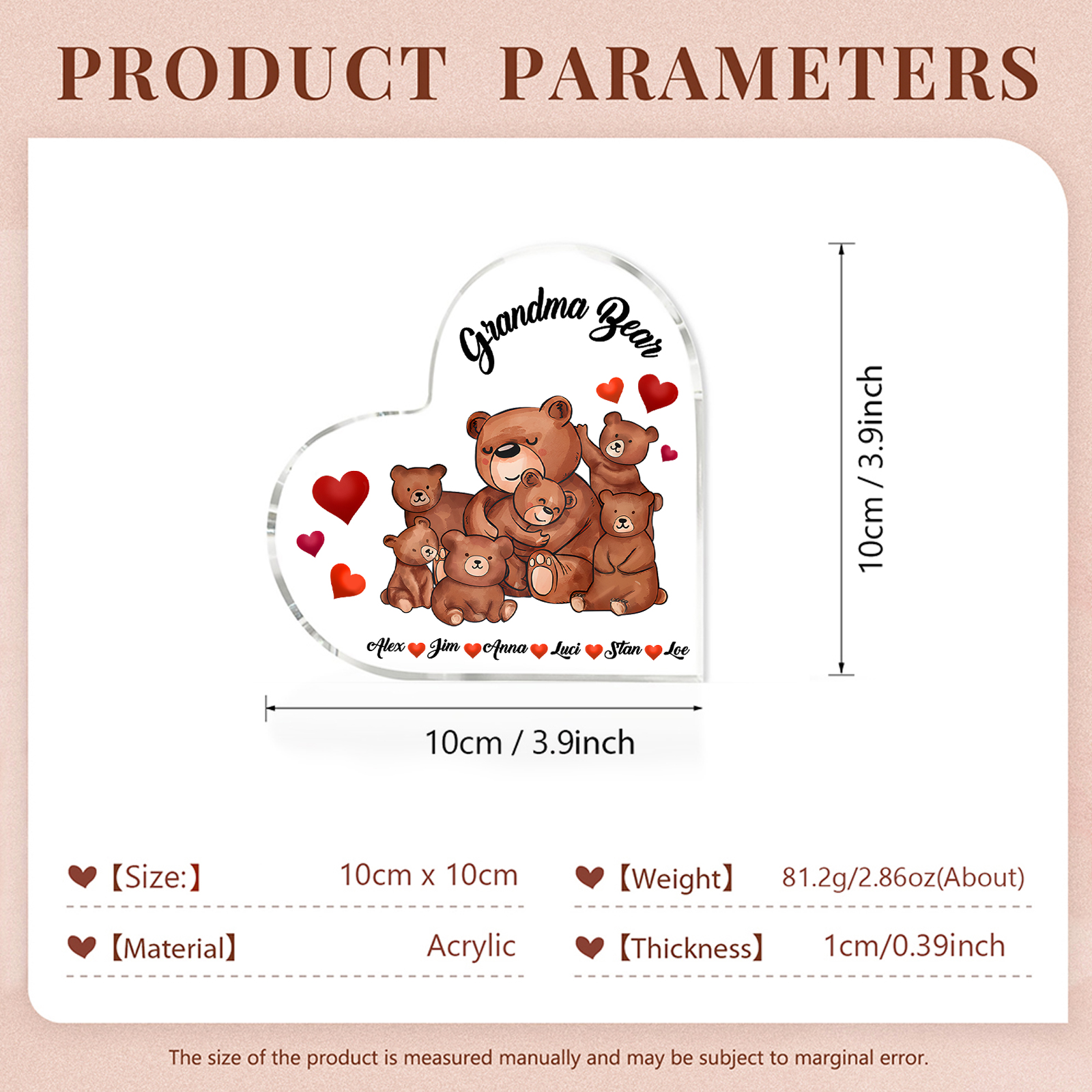 Personalised Heart-Shaped Acrylic Plaque Customizable with 6 Names and Text with Bear Design -  For Nan | Jessmade