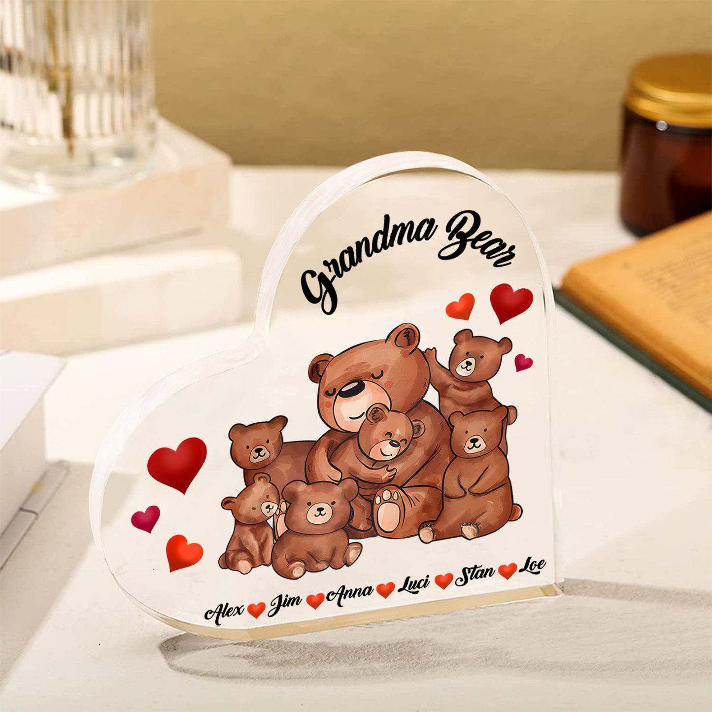 Personalised Heart-Shaped Acrylic Plaque Customizable with 6 Names and Text with Bear Design -  For Nan | Jessmade