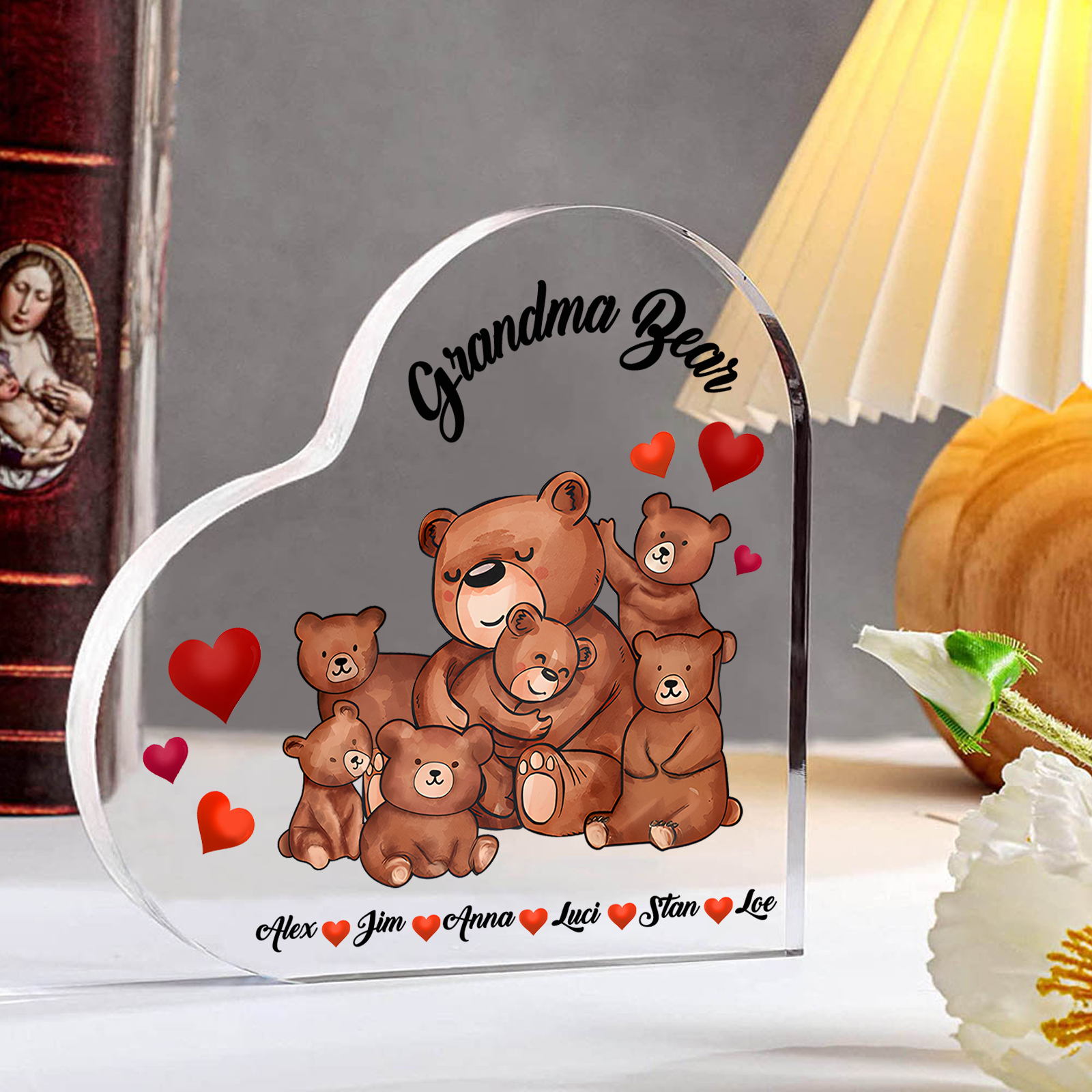 Personalised Heart-Shaped Acrylic Plaque Customizable with 6 Names and Text with Bear Design -  For Nan | Jessmade