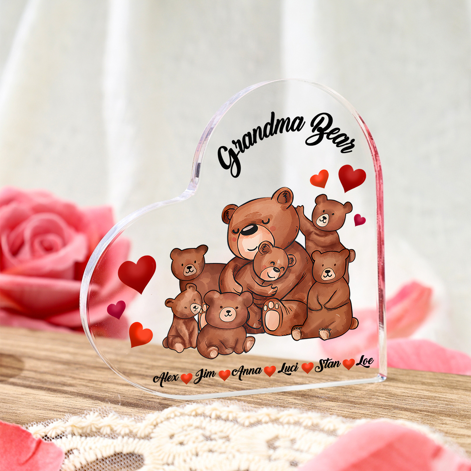Personalised Heart-Shaped Acrylic Plaque Customizable with 6 Names and Text with Bear Design -  For Nan | Jessmade