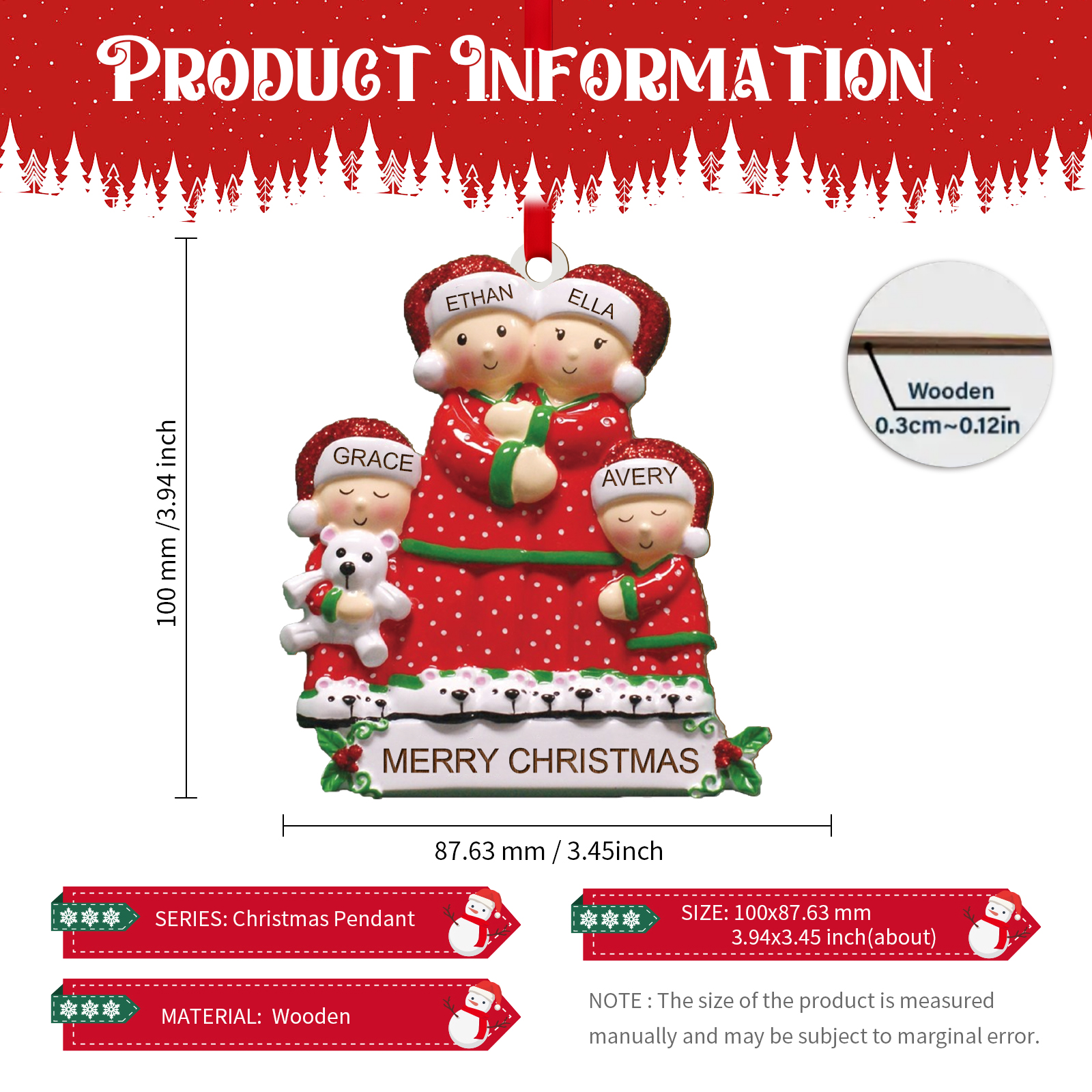 Personalised Christmas Family Ornament – Custom 4 Names & Text, Wooden Decoration Christmas Gift for Family | Jessemade