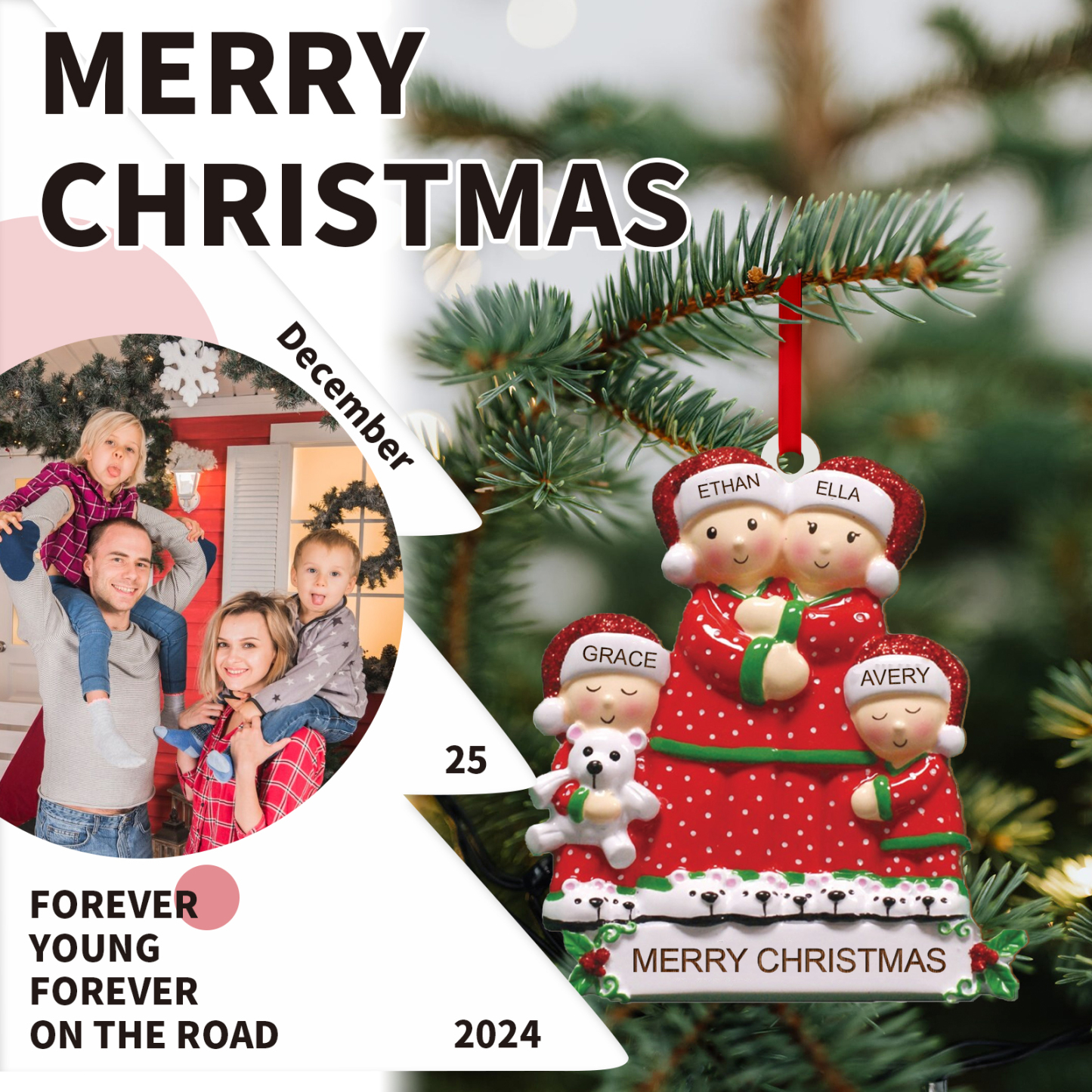 Personalised Christmas Family Ornament – Custom 4 Names & Text, Wooden Decoration Christmas Gift for Family | Jessemade