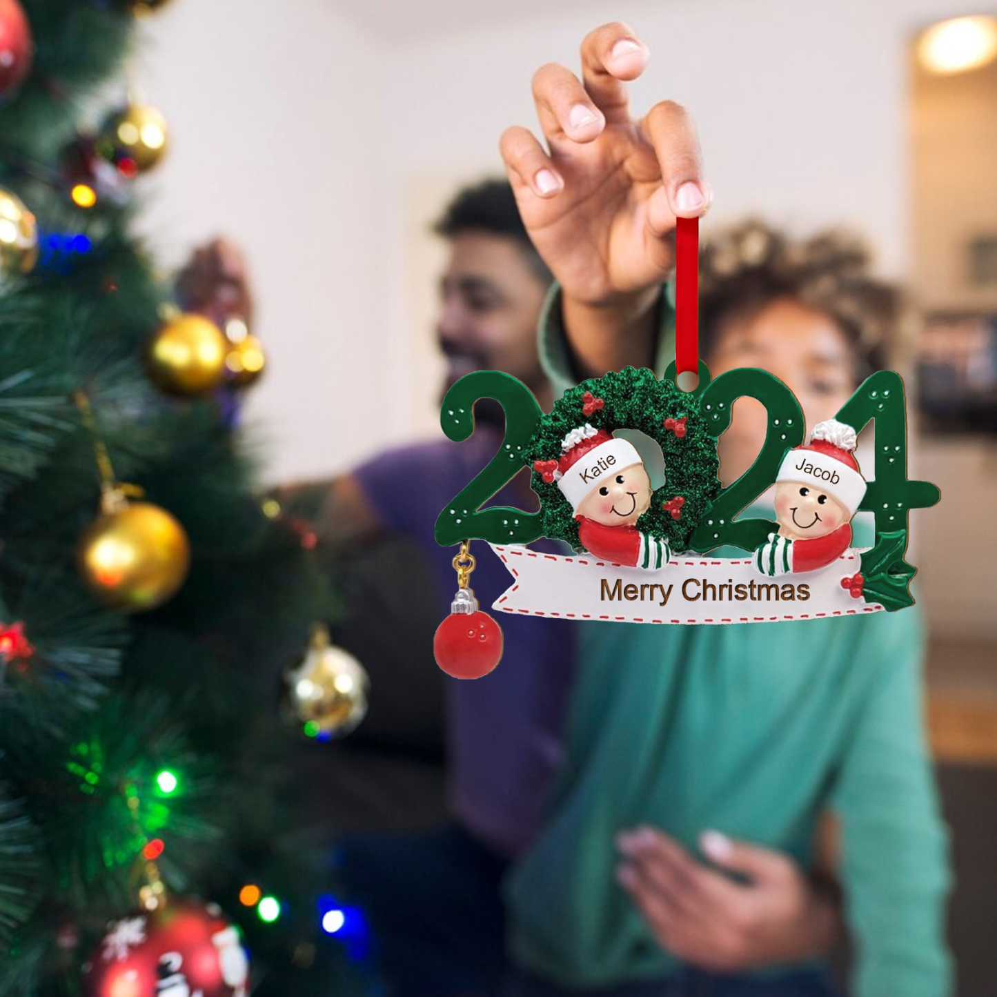 Personalized Christmas Ornament – Custom 2 Names & 1 Text, Wooden Hanging Decoration for Family | Jessemade