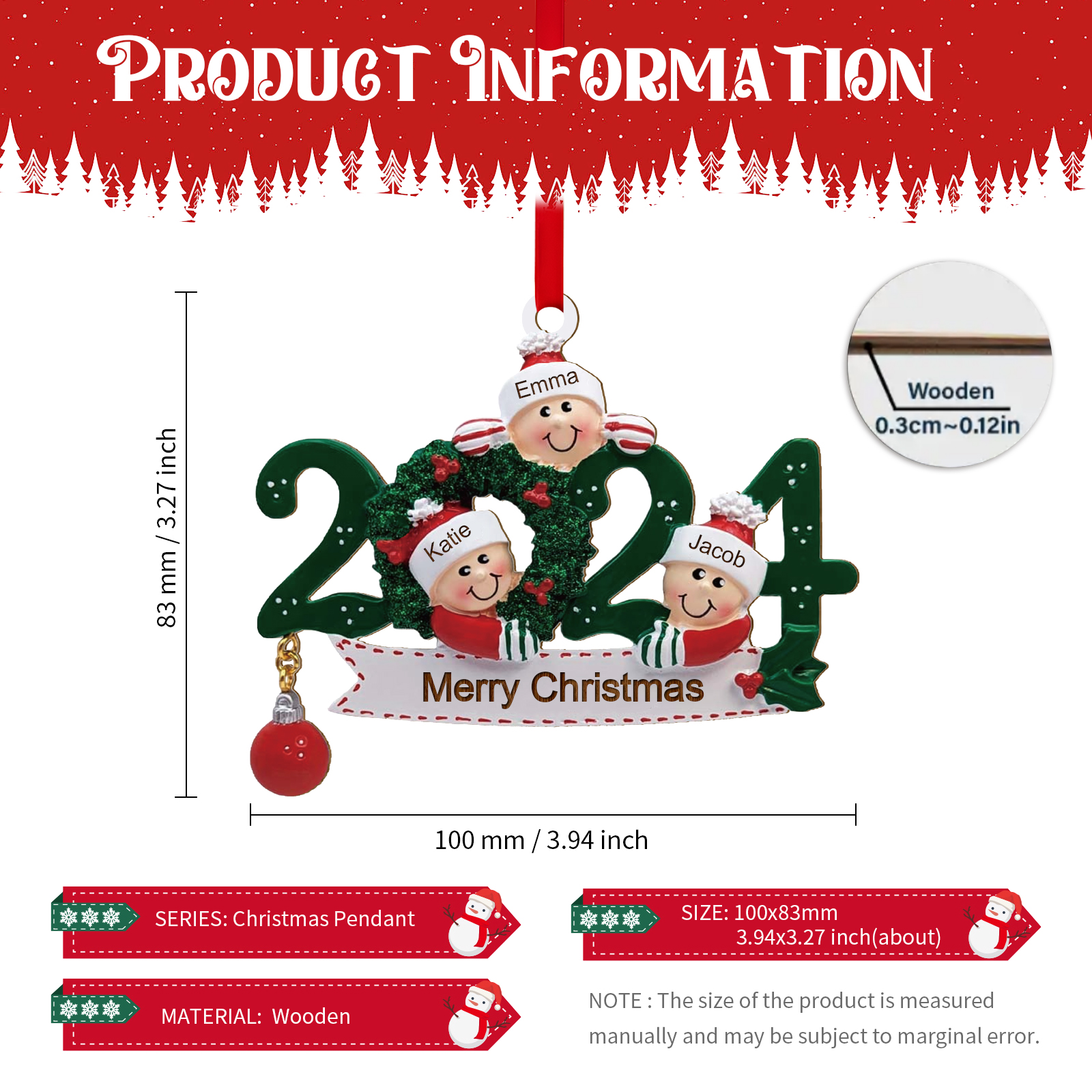 Personalized Christmas Ornament – Custom 3 Names & 1 Text, Wooden Hanging Decoration for Family | Jessemade