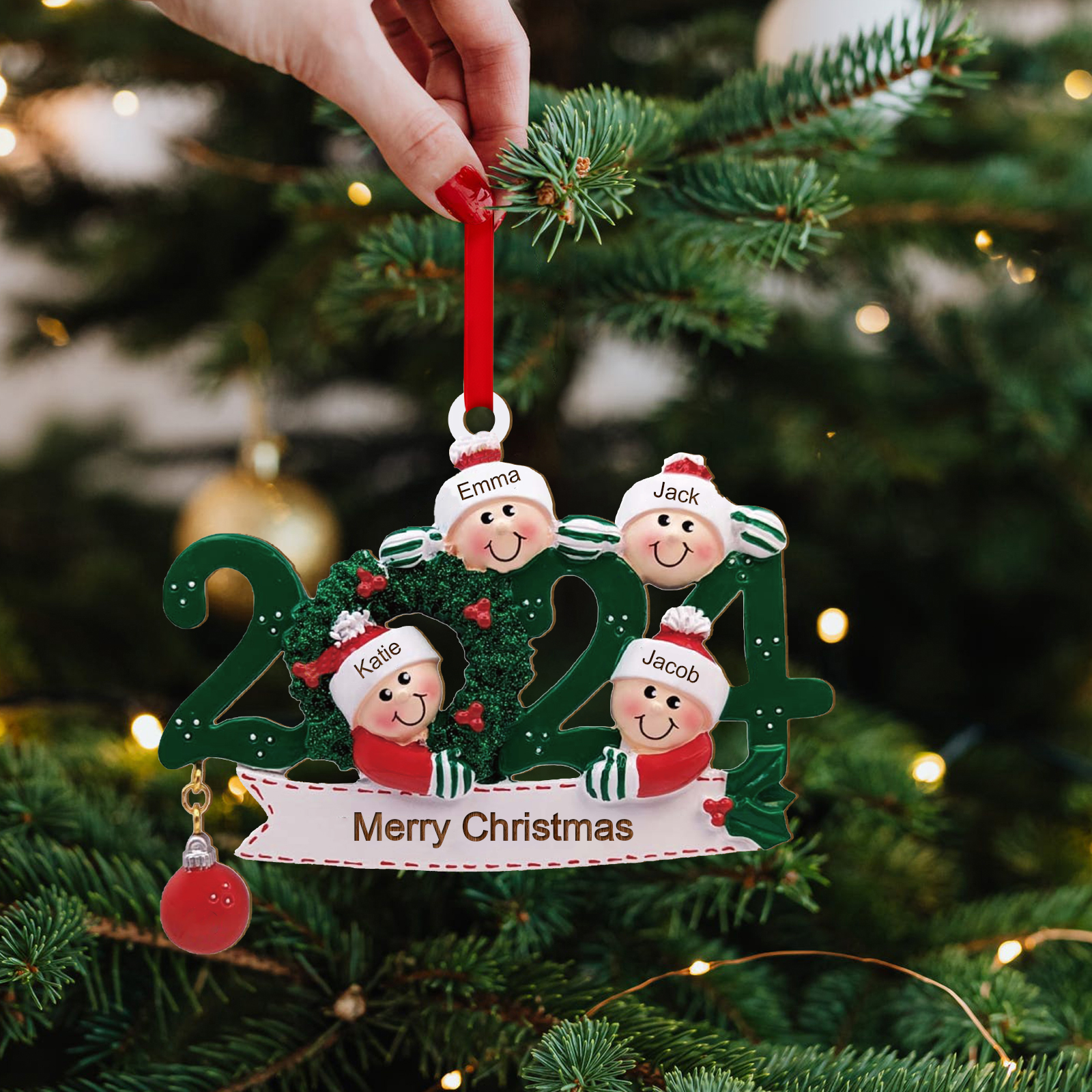 Personalized Christmas Ornament – Custom 4 Names & 1 Text, Wooden Hanging Decoration for Family | Jessemade