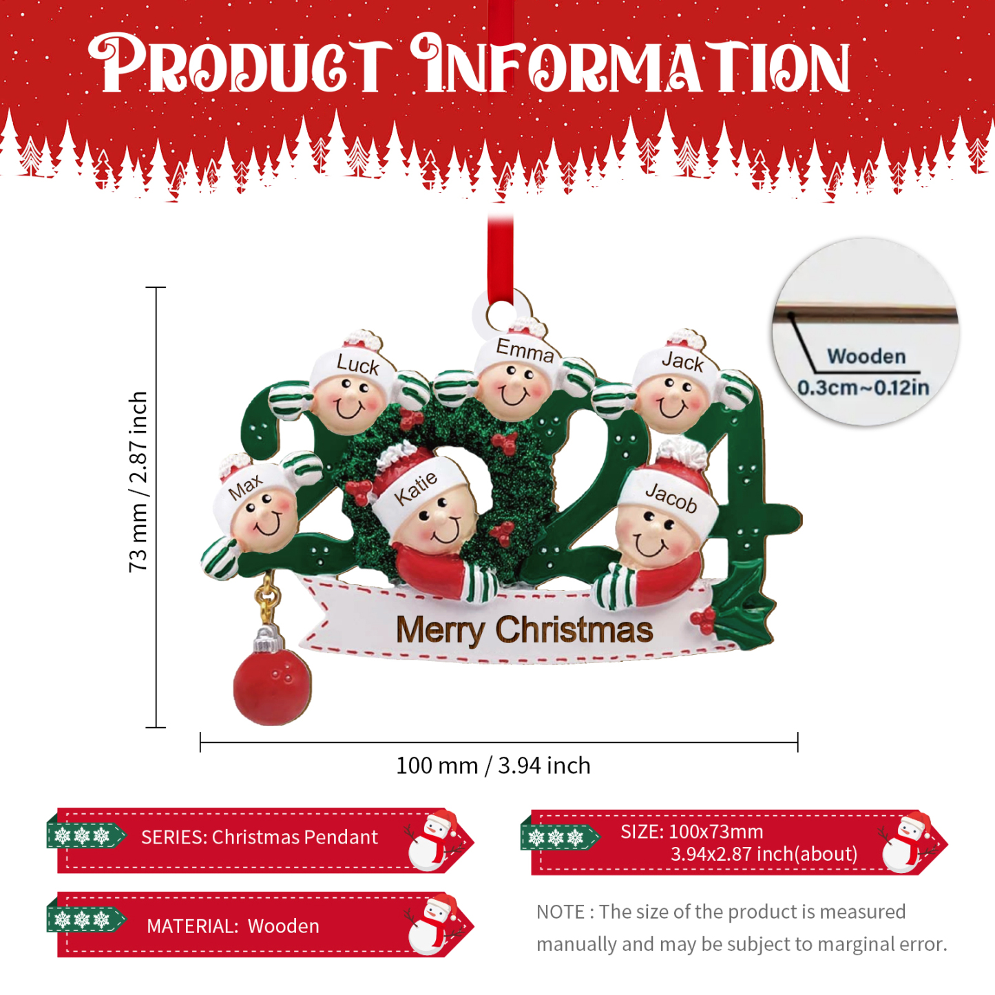 Personalized Christmas Ornament – Custom 6 Names & 1 Text, Wooden Hanging Decoration for Family | Jessemade