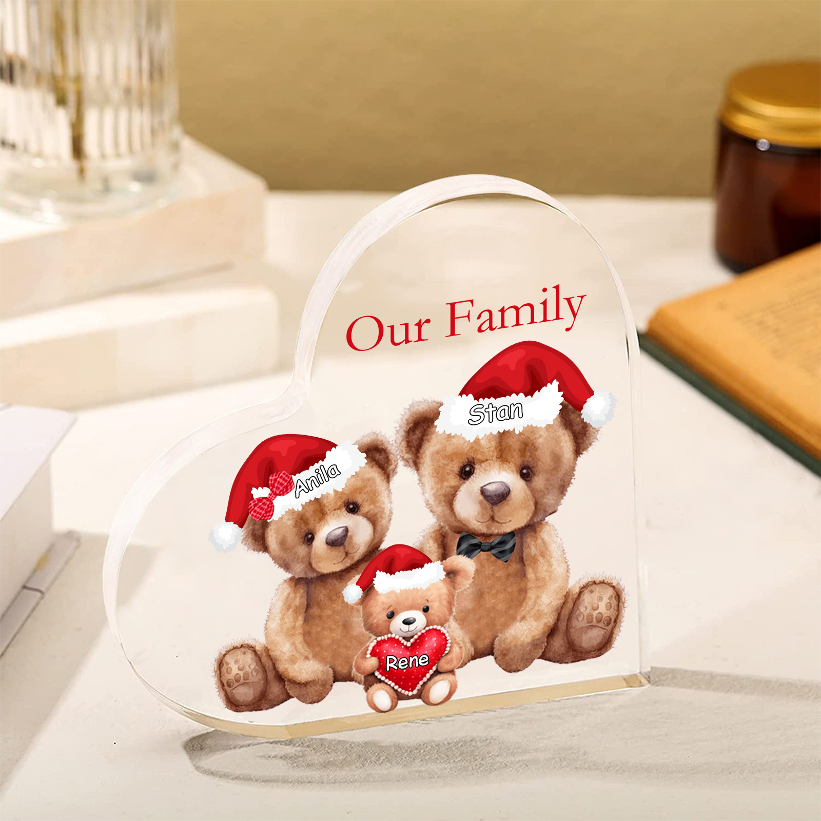 Personalised Acrylic Family Heart Decoration - Custom 3–10 Names & 1 Text Teddy Bear Design Gifts for Family | Jessmade