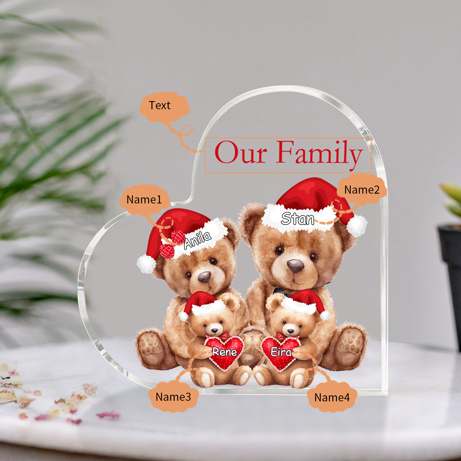 Personalised Acrylic Family Heart Decoration - Custom 3–10 Names & 1 Text Teddy Bear Design Gifts for Family | Jessmade