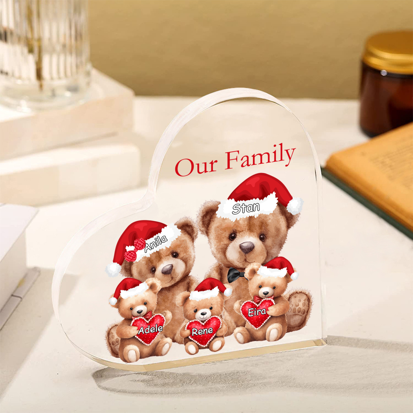 Personalised Acrylic Family Heart Decoration - Custom 3–10 Names & 1 Text Teddy Bear Design Gifts for Family | Jessmade