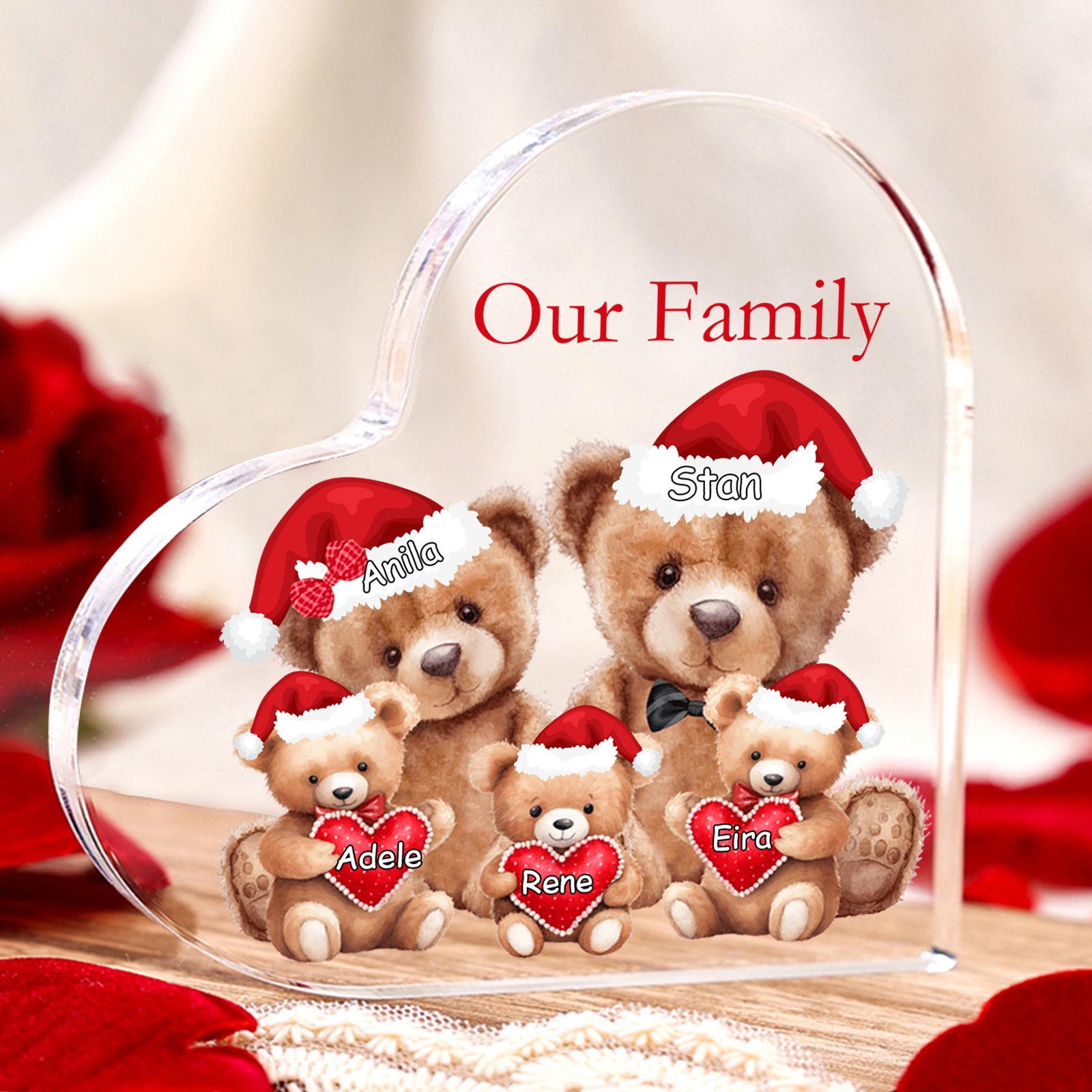 Personalised Acrylic Family Heart Decoration - Custom 3–10 Names & 1 Text Teddy Bear Design Gifts for Family | Jessmade