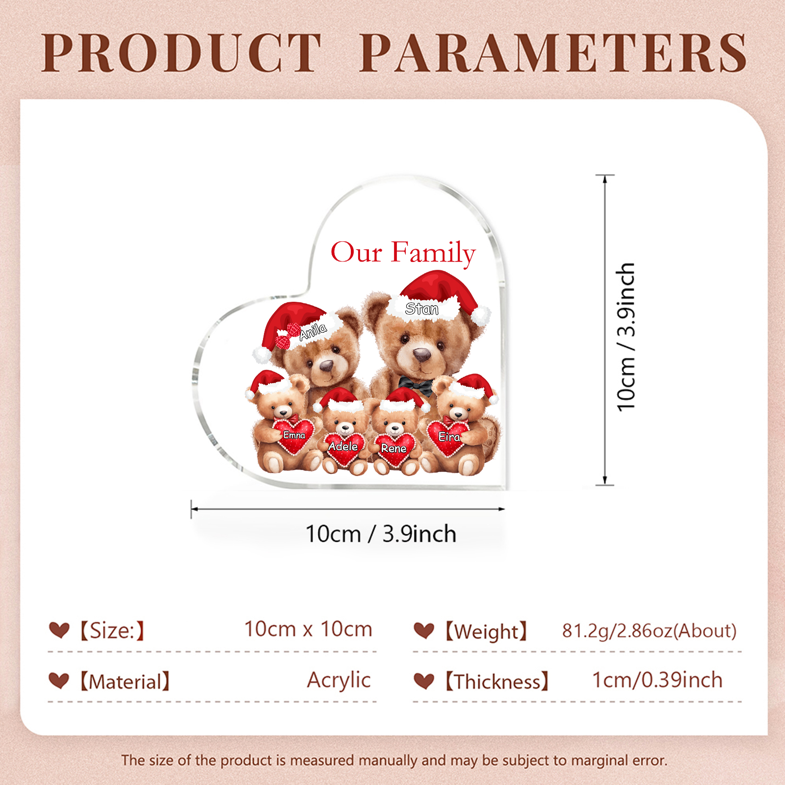 Personalised Acrylic Family Heart Decoration - Custom 3–10 Names & 1 Text Teddy Bear Design Gifts for Family | Jessmade