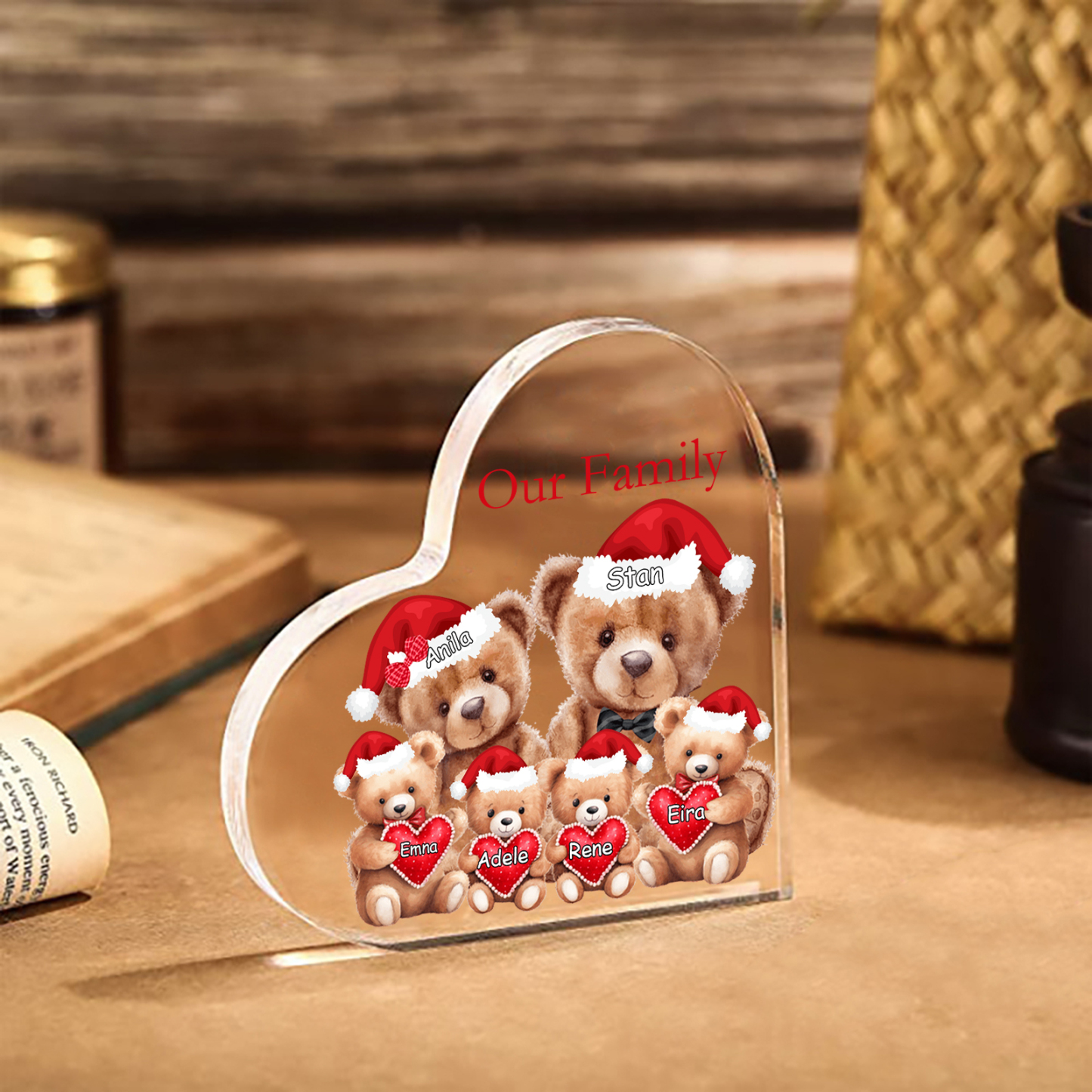 Personalised Acrylic Family Heart Decoration - Custom 3–10 Names & 1 Text Teddy Bear Design Gifts for Family | Jessmade