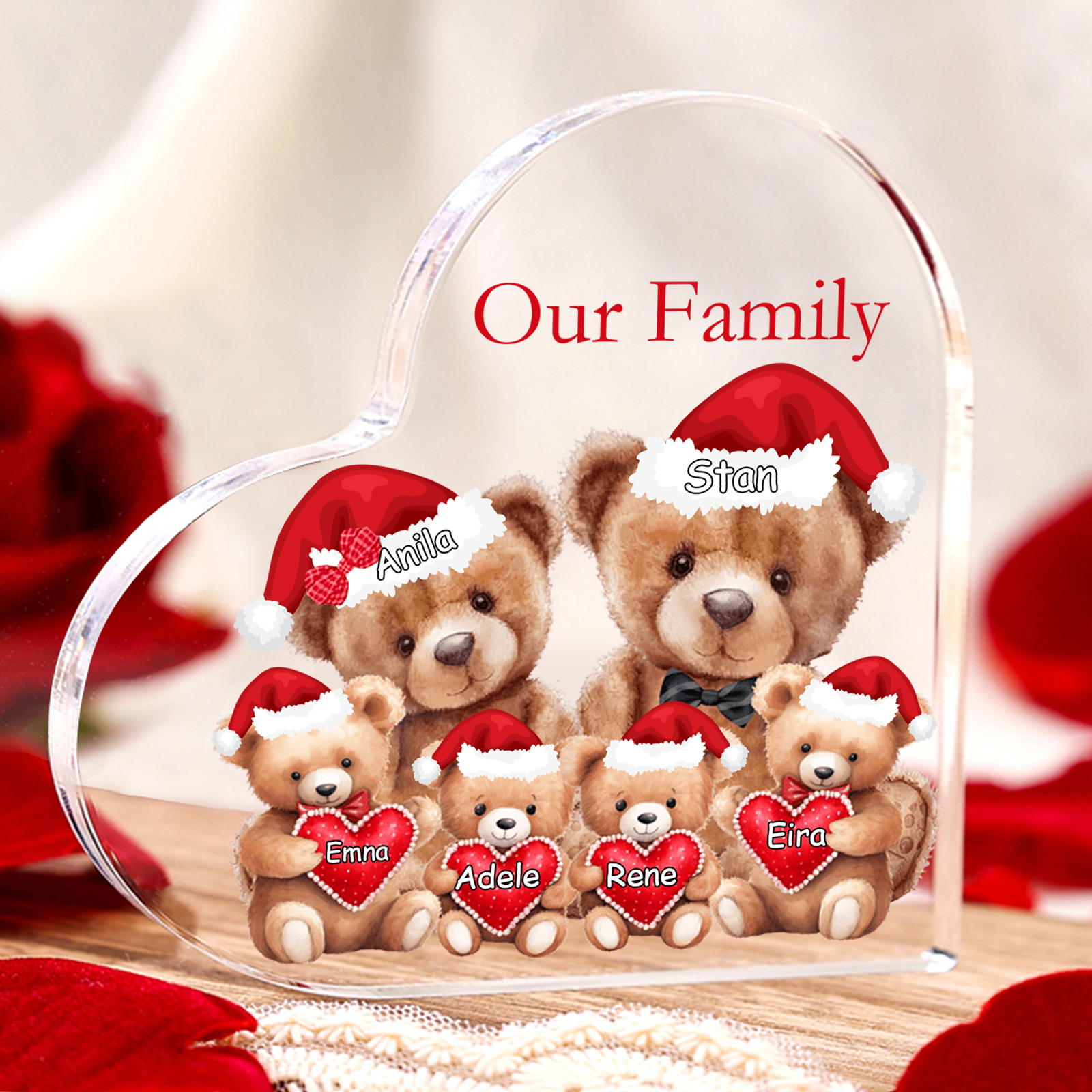 Personalised Acrylic Family Heart Decoration - Custom 3–10 Names & 1 Text Teddy Bear Design Gifts for Family | Jessmade