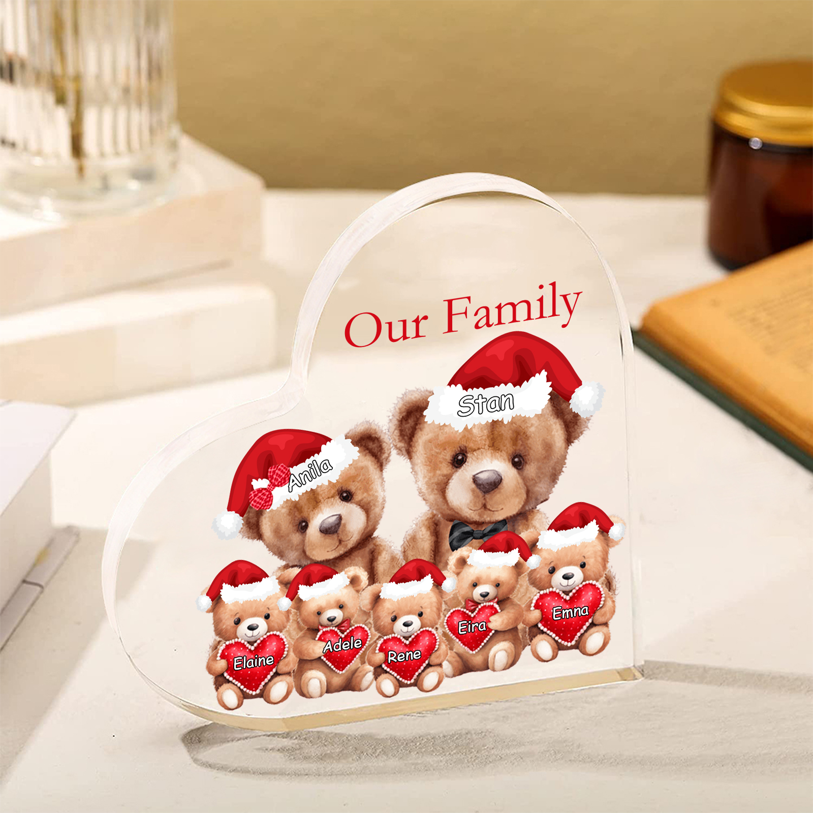 Personalised Acrylic Family Heart Decoration - Custom 3–10 Names & 1 Text Teddy Bear Design Gifts for Family | Jessmade
