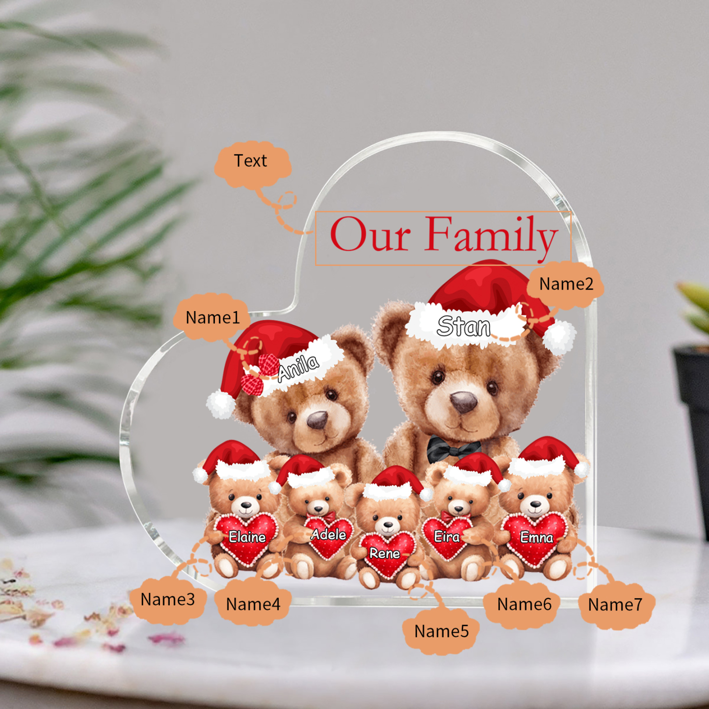 Personalised Acrylic Family Heart Decoration - Custom 3–10 Names & 1 Text Teddy Bear Design Gifts for Family | Jessmade