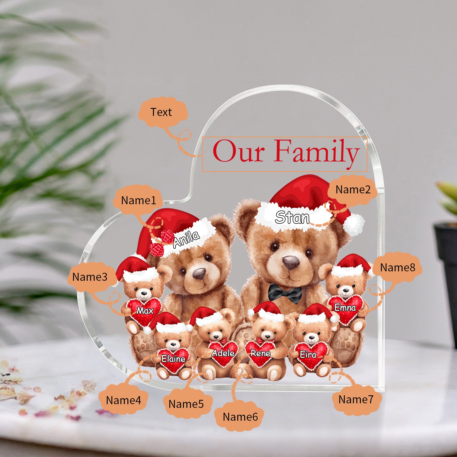 Personalised Acrylic Family Heart Decoration - Custom 3–10 Names & 1 Text Teddy Bear Design Gifts for Family | Jessmade
