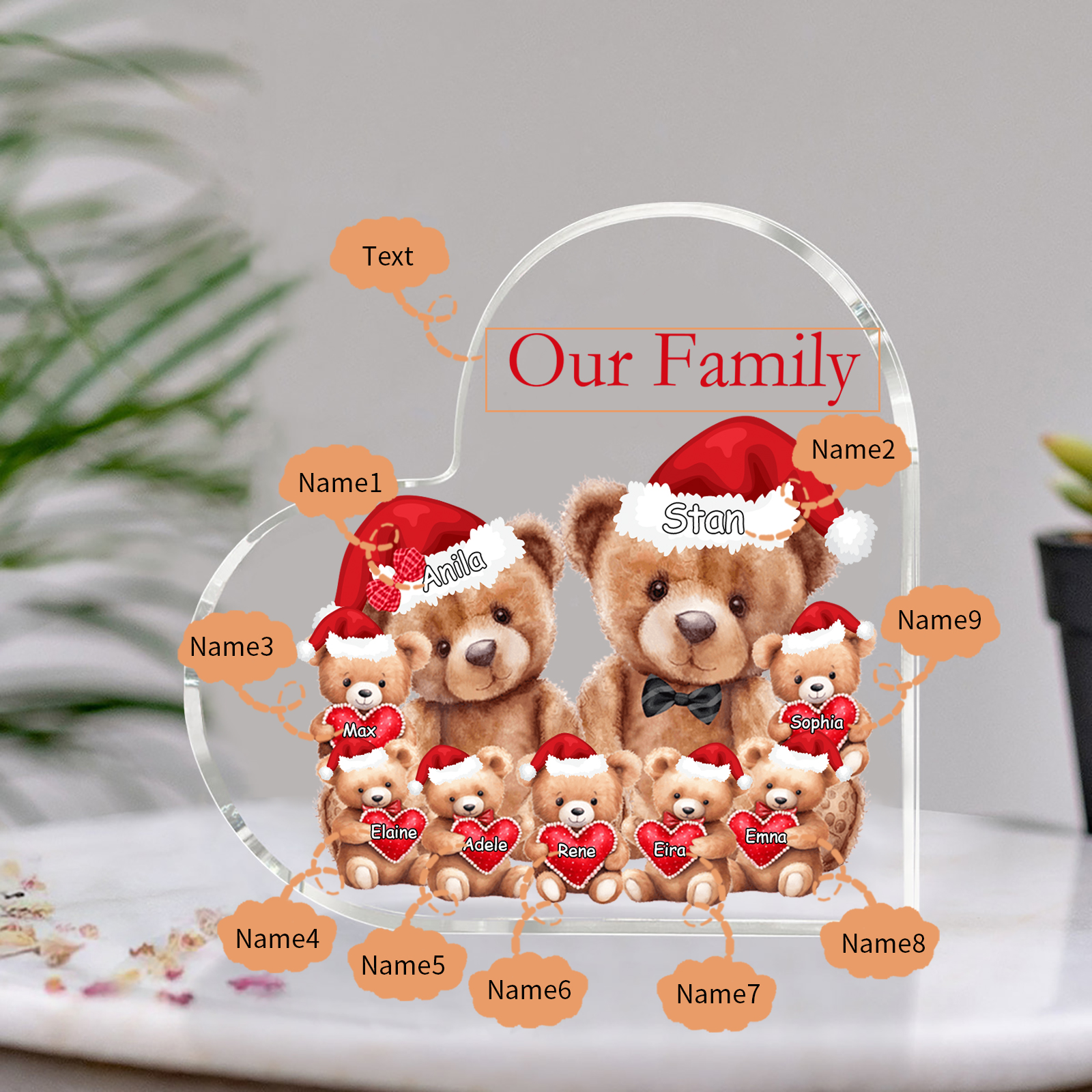 Personalised Acrylic Family Heart Decoration - Custom 3–10 Names & 1 Text Teddy Bear Design Gifts for Family | Jessmade