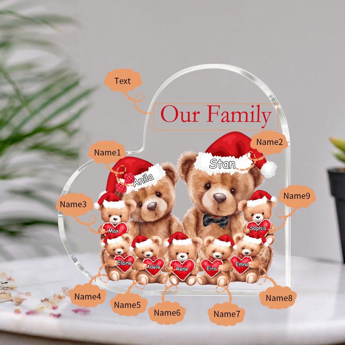 Personalised Acrylic Family Heart Decoration - Custom 3–10 Names & 1 Text Teddy Bear Design Gifts for Family | Jessmade