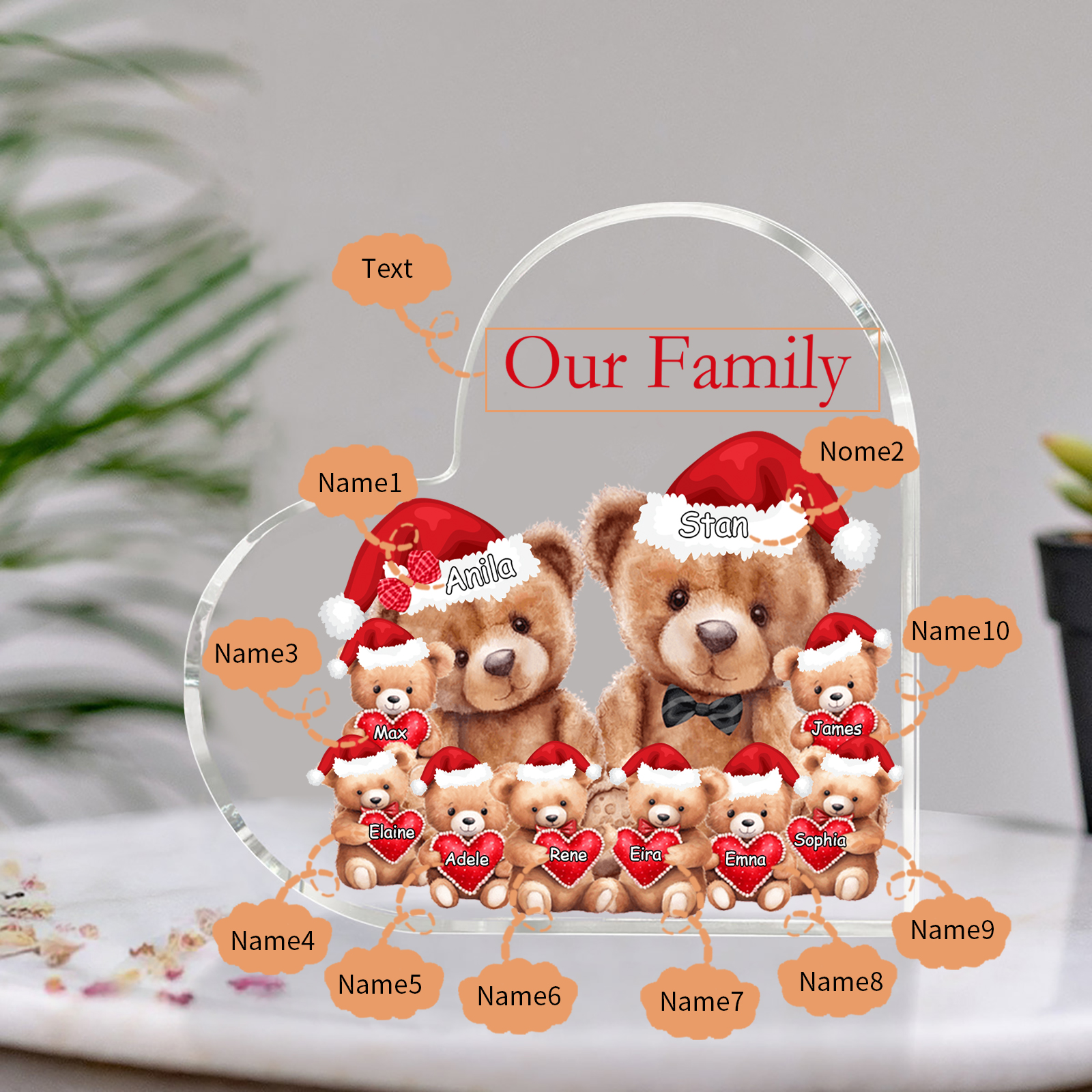 Personalised Acrylic Family Heart Decoration - Custom 3–10 Names & 1 Text Teddy Bear Design Gifts for Family | Jessmade
